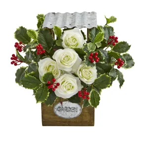 14” Rose and Variegated Holly Leaf Artificial Arrangement in Tin Roof Planter