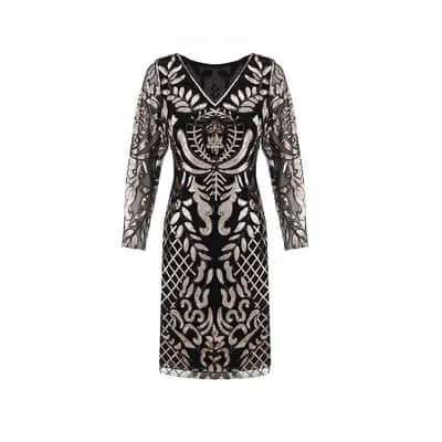 1920s Gold Sequin Long Sleeve Gatsby Dress