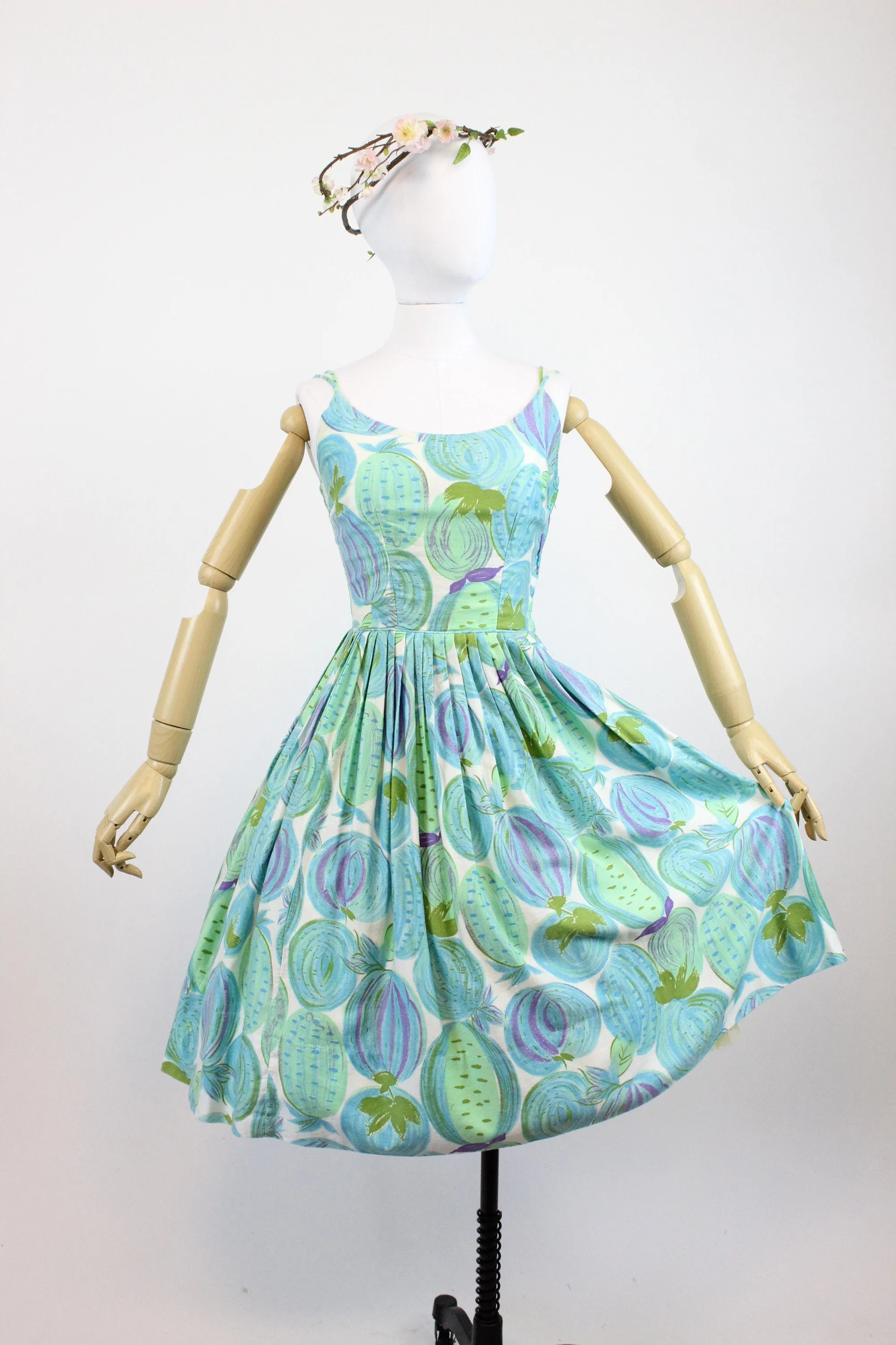 1950s FRUITS AND VEGES cotton novelty print dress xs | new spring summer