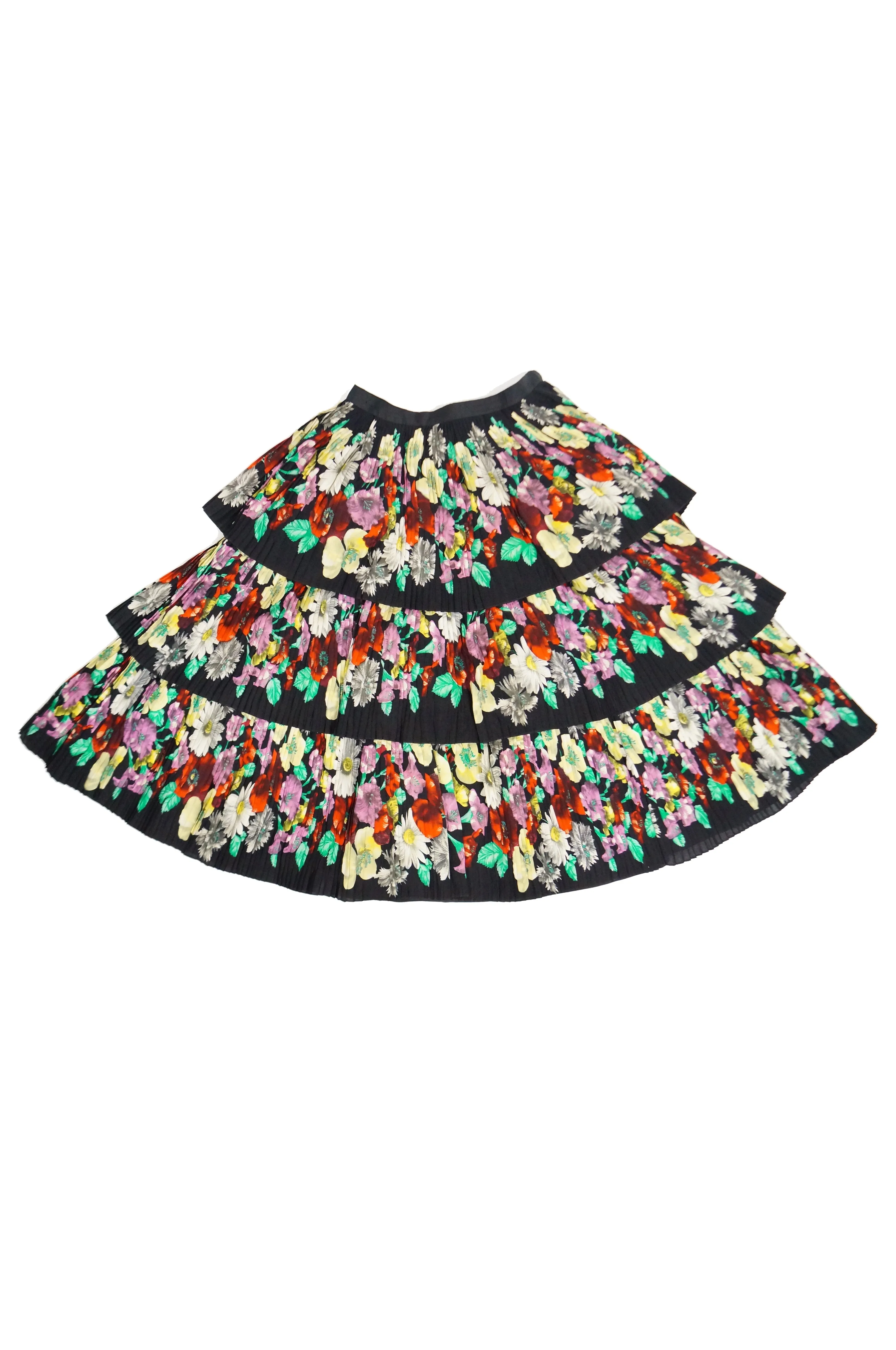 1970s Piera Patritti Plisse Silk Multi - Tier Floral Skirt - Italy