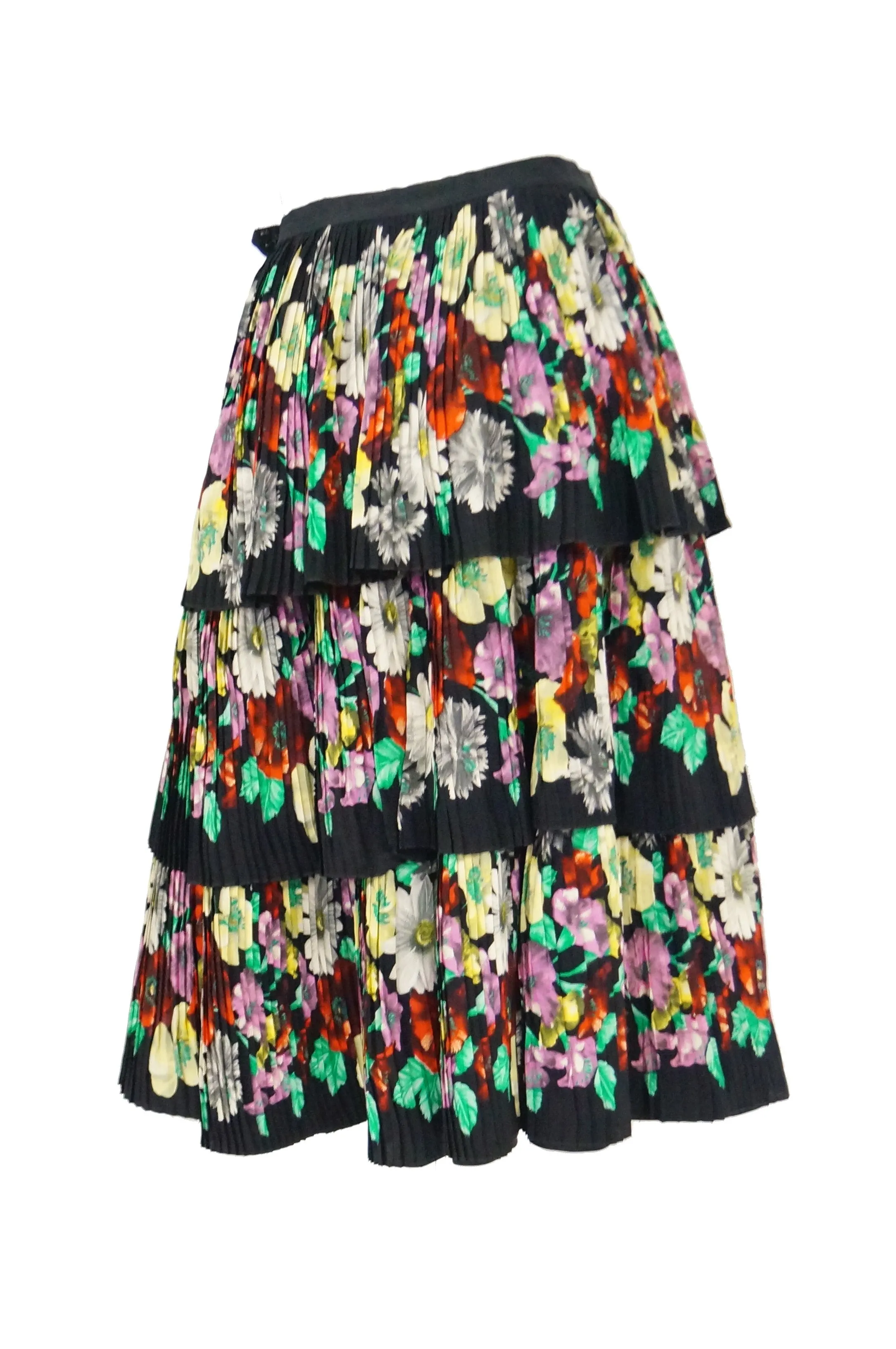 1970s Piera Patritti Plisse Silk Multi - Tier Floral Skirt - Italy