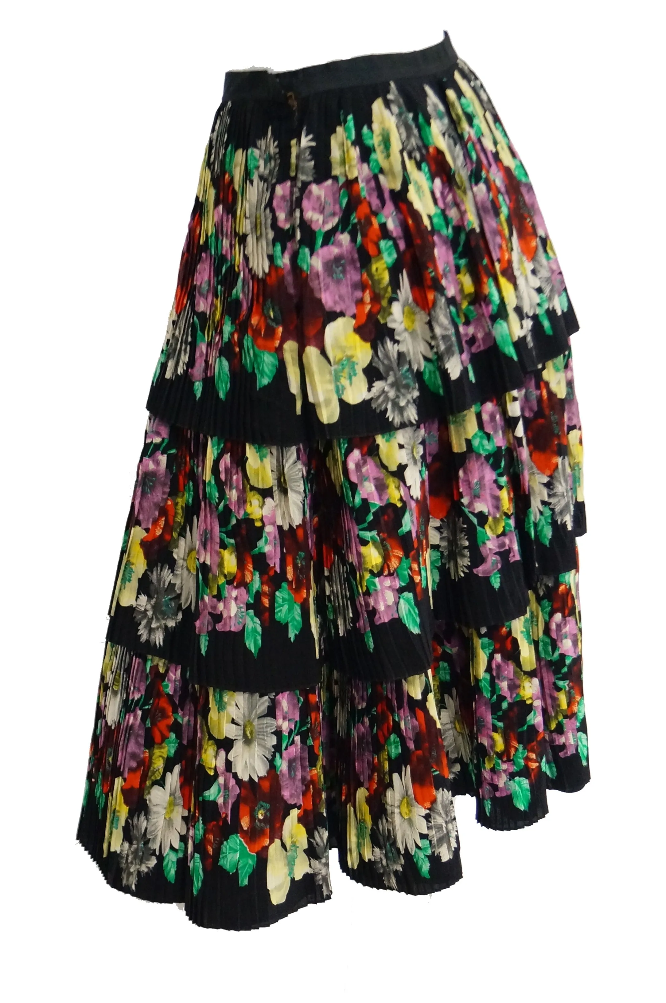 1970s Piera Patritti Plisse Silk Multi - Tier Floral Skirt - Italy