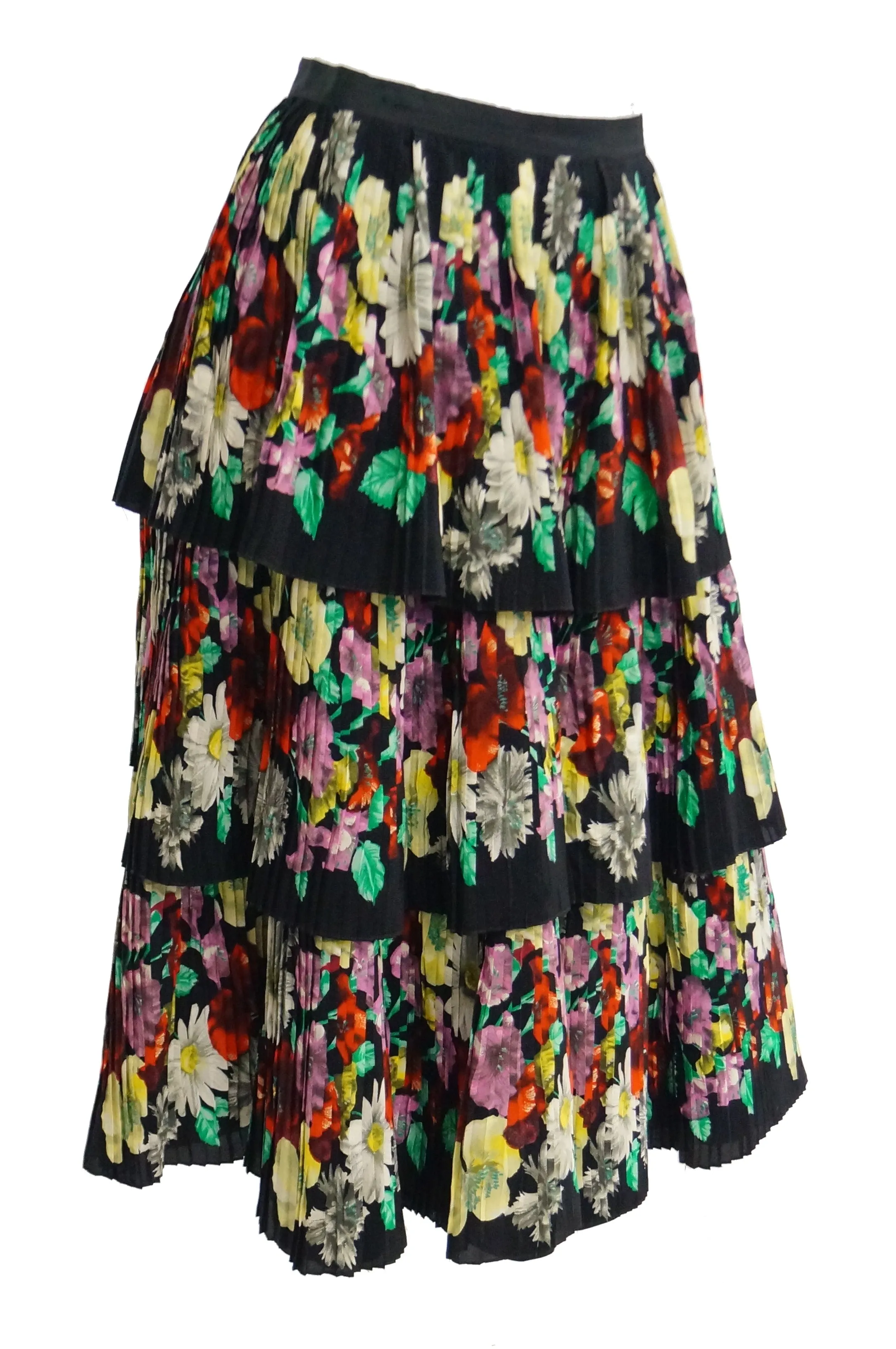 1970s Piera Patritti Plisse Silk Multi - Tier Floral Skirt - Italy