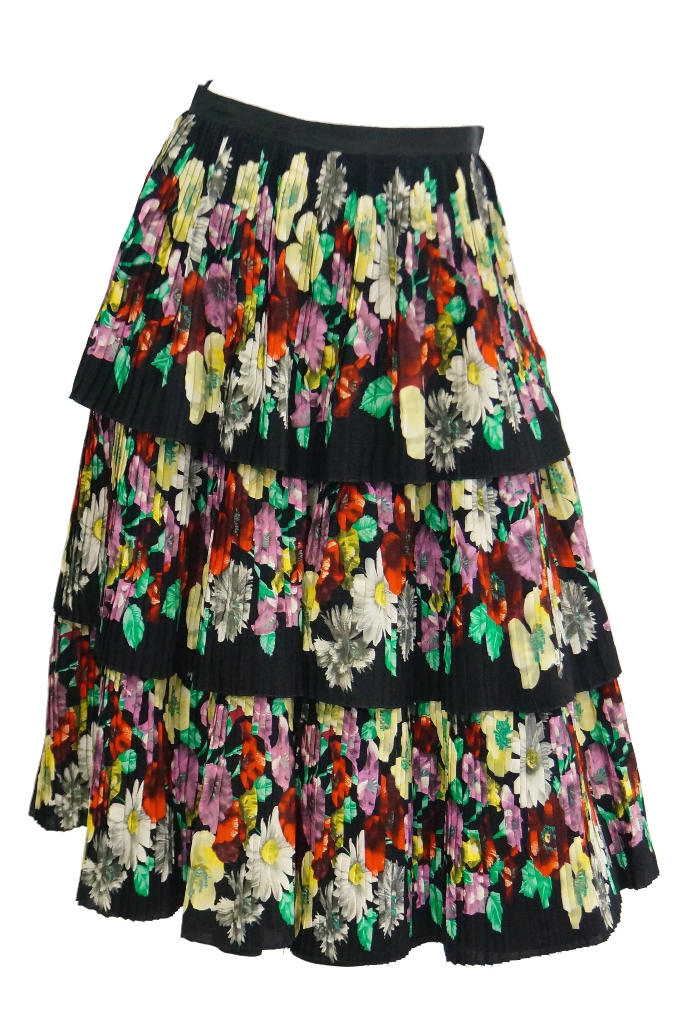 1970s Piera Patritti Plisse Silk Multi - Tier Floral Skirt - Italy