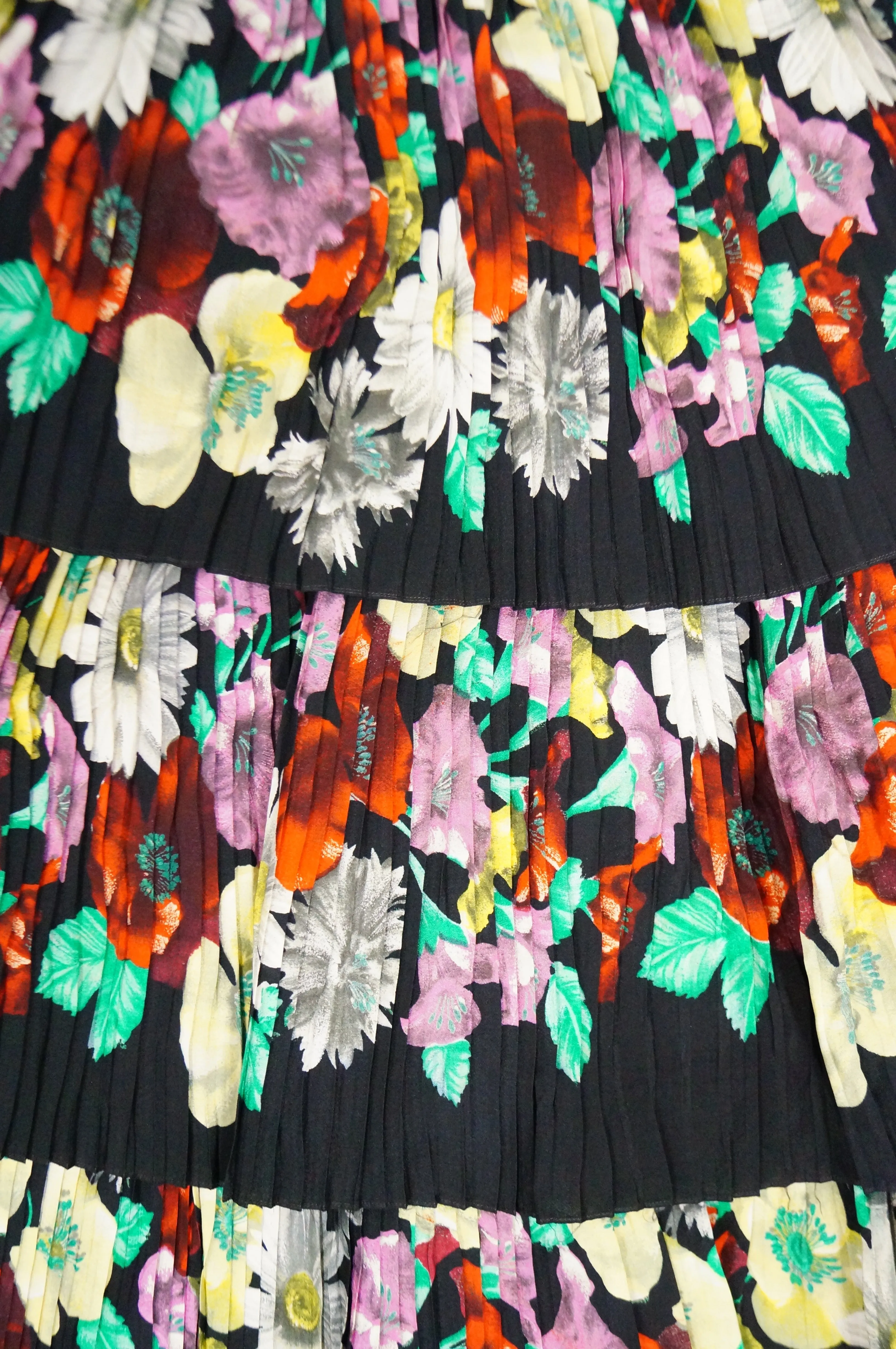 1970s Piera Patritti Plisse Silk Multi - Tier Floral Skirt - Italy