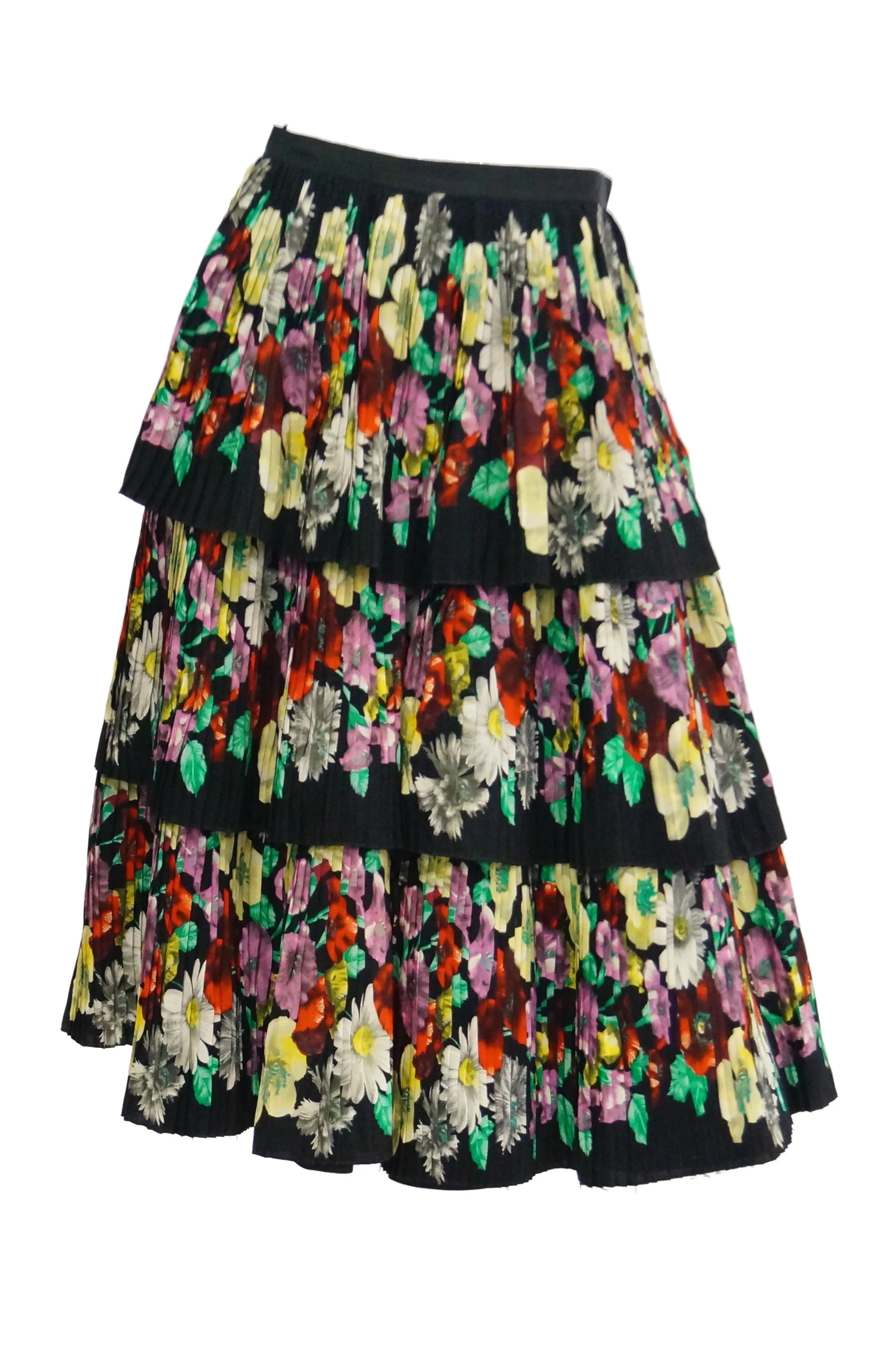 1970s Piera Patritti Plisse Silk Multi - Tier Floral Skirt - Italy