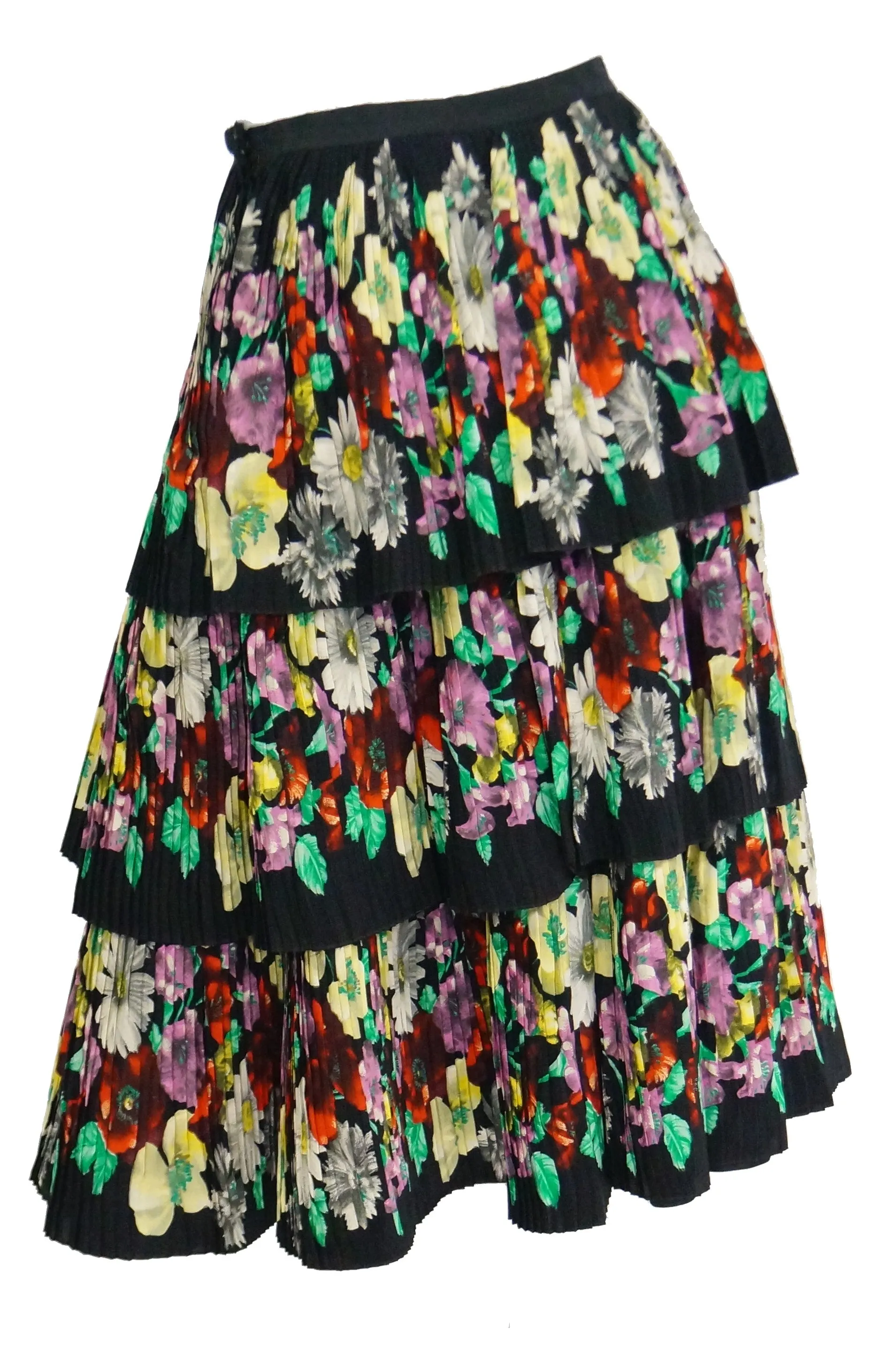 1970s Piera Patritti Plisse Silk Multi - Tier Floral Skirt - Italy