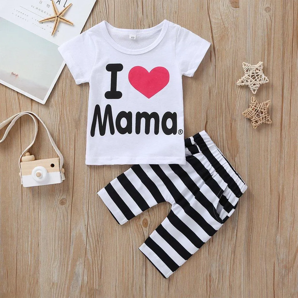 2-Piece Short-Sleeve Letter Print Tee and Striped Pants