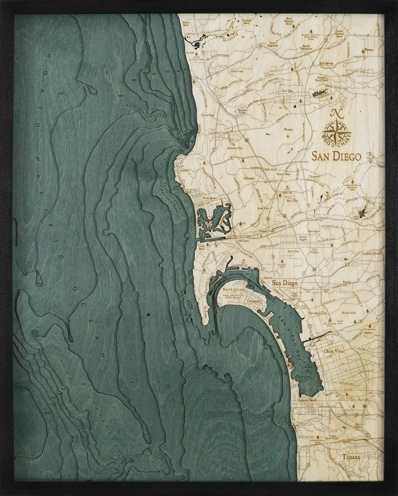 3-D Framed Wood Bathymetric Charts