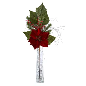 32" Artificial Poinsettia, Berries & Pine Arrangement in Glass Vase - Low Maintenance, Life-Like & Vibrant Silk Flowers For Busy People.