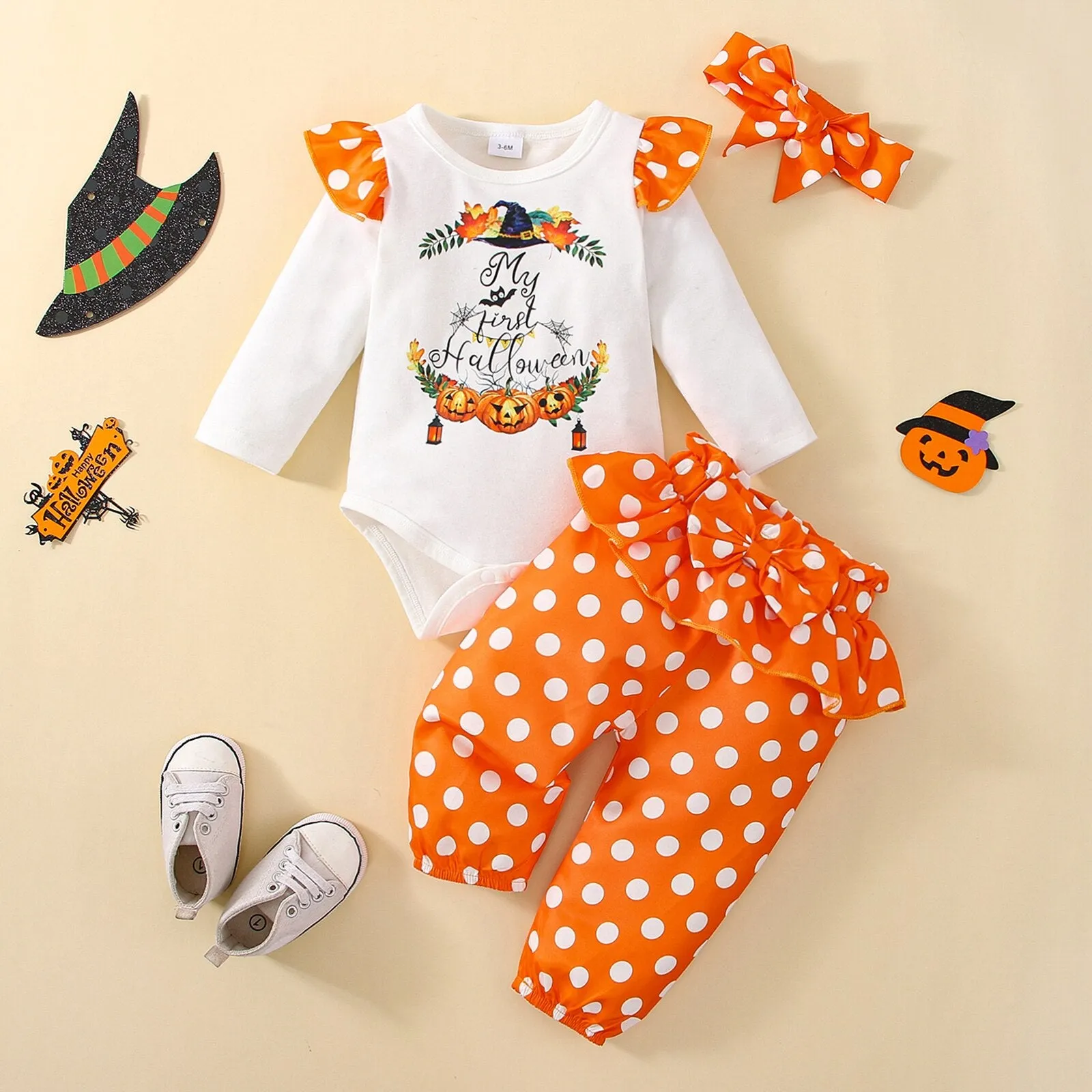 3PCS Newborn Halloween Outfits Long Sleeve Romper with Pants & Hat Hairband