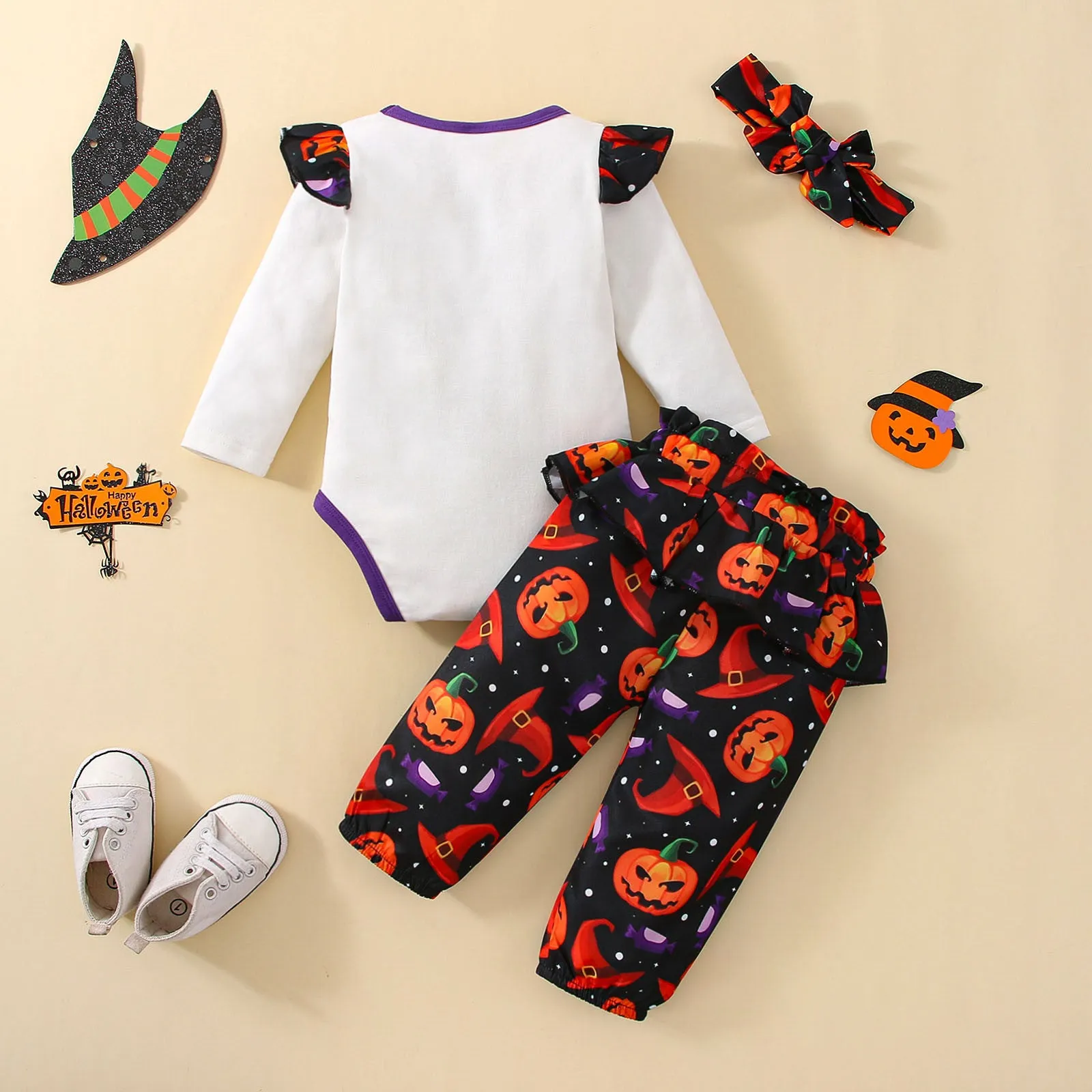 3PCS Newborn Halloween Outfits Long Sleeve Romper with Pants & Hat Hairband