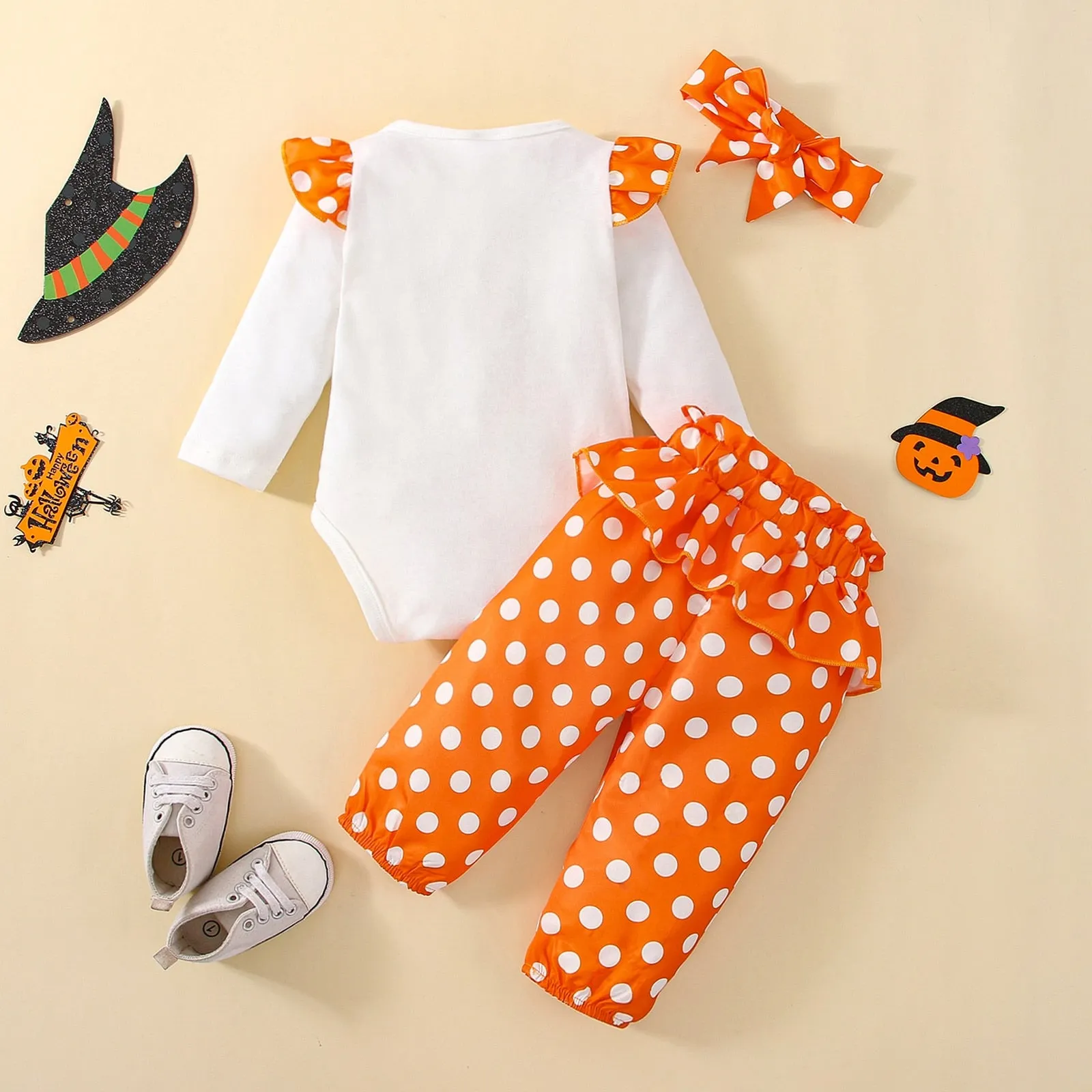 3PCS Newborn Halloween Outfits Long Sleeve Romper with Pants & Hat Hairband