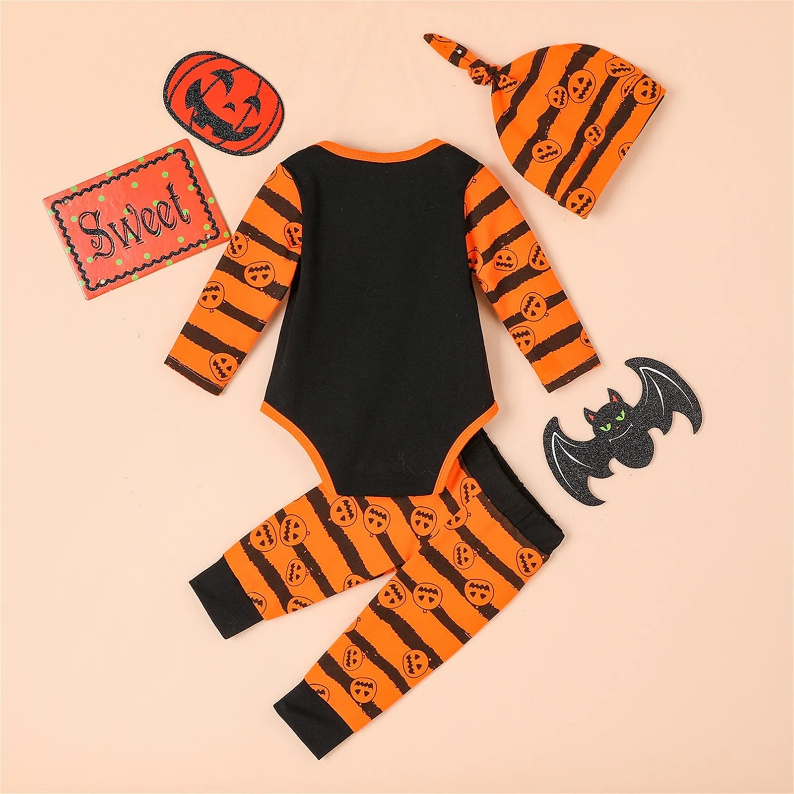 3PCS Newborn Halloween Outfits Long Sleeve Romper with Pants & Hat Hairband