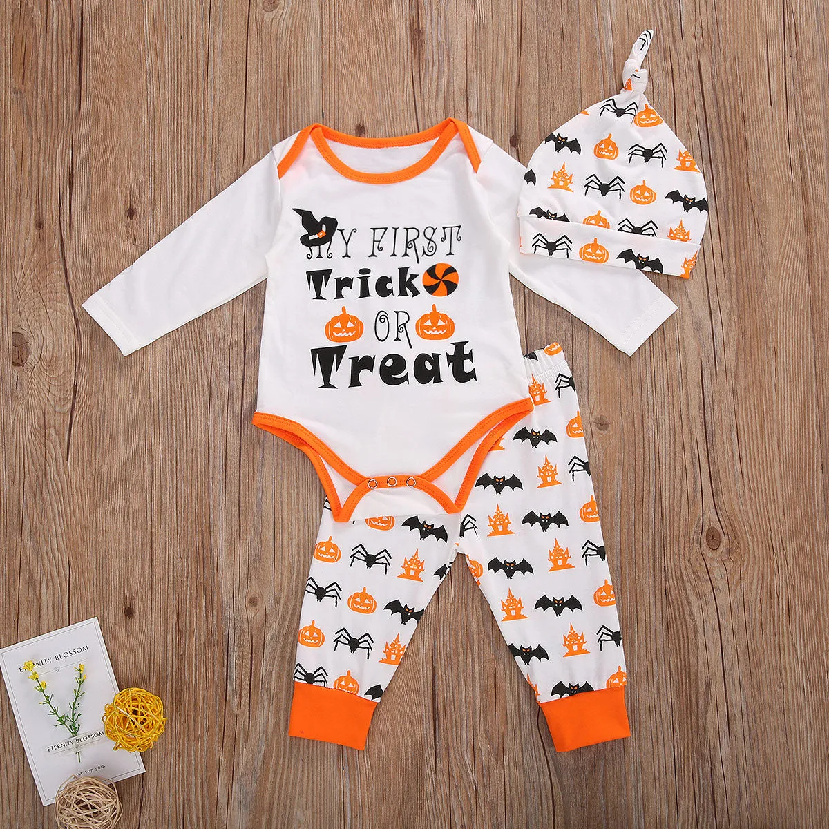 3PCS Newborn Halloween Outfits Long Sleeve Romper with Pants & Hat Hairband