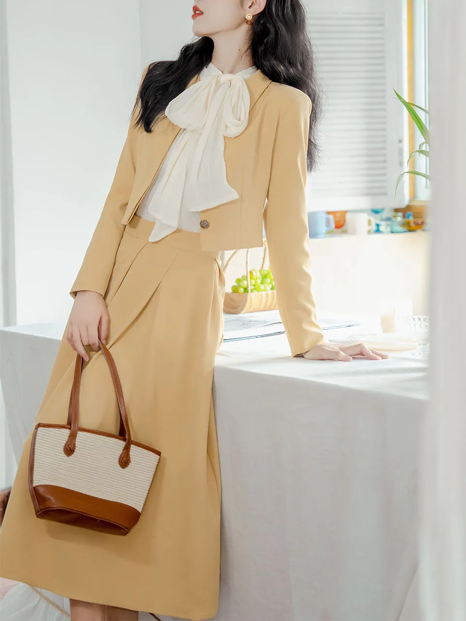 3PS Bowknot Collar Shirt and Yellow 1950S Vintage Coat With Swing Skirt Suit