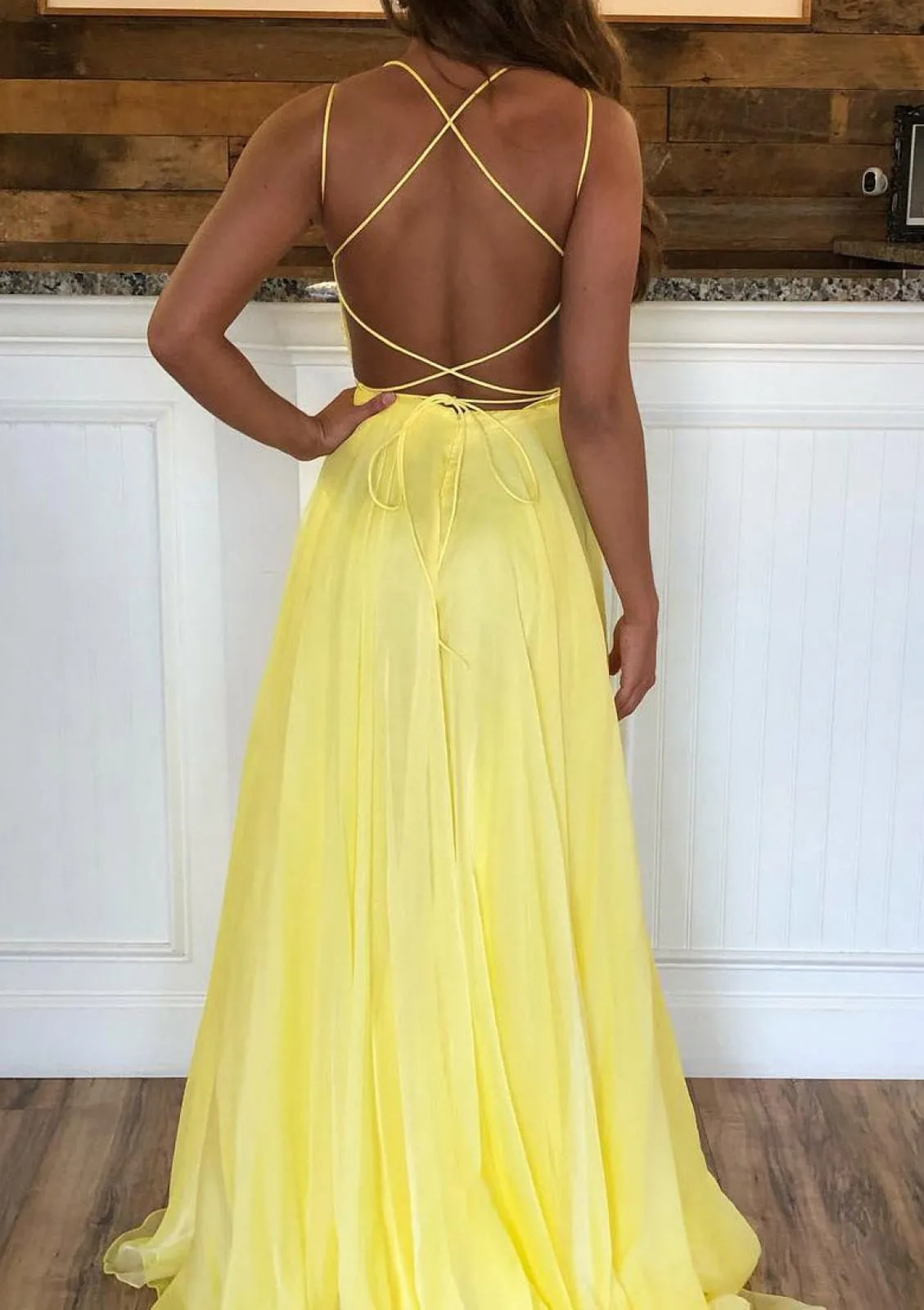 A-line Bateau Strap Sweep Train Crisscross Back Chiffon Prom Dress, Sequins