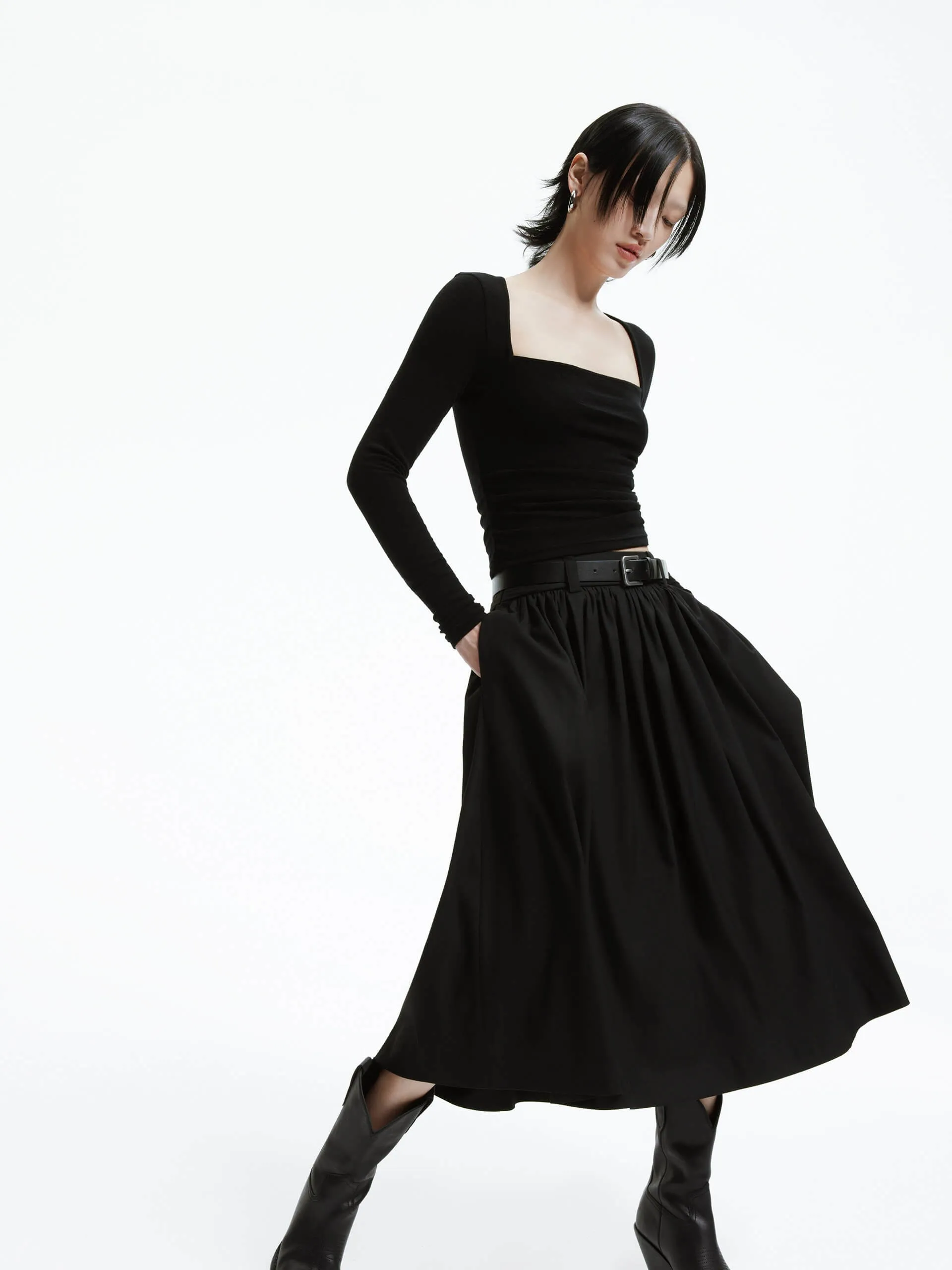 A-line Pleated Skirt with Belt