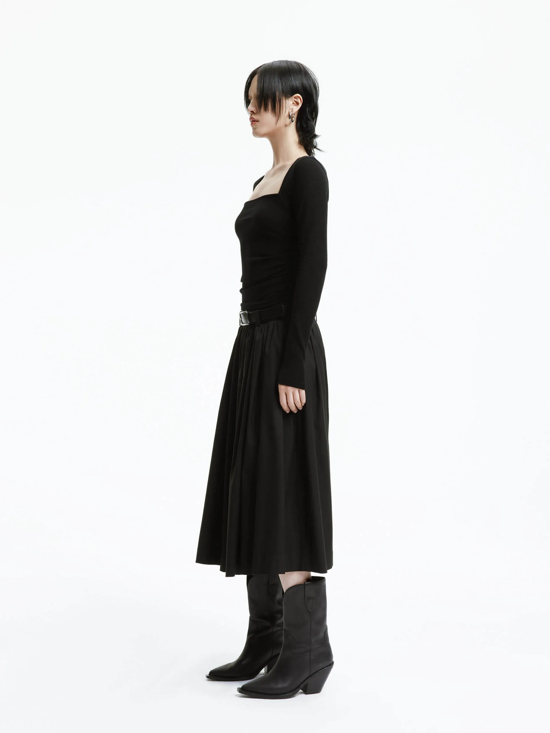 A-line Pleated Skirt with Belt