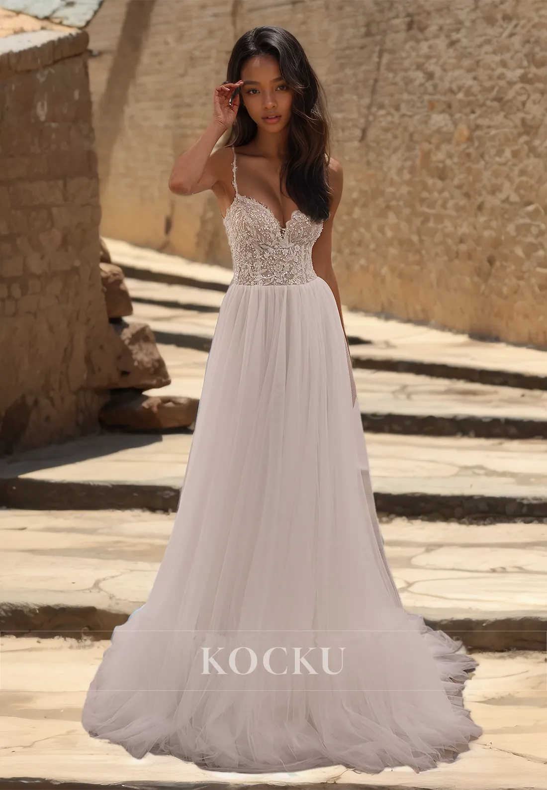 A-Line Spaghetti Straps Sweetheart Beach Wedding Dress Appliques Lace Boho Gowns with Beads