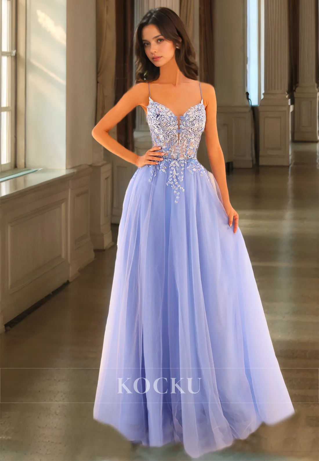 A-Line Spaghetti Straps Sweetheart Floor-Length Pleats Lace Prom Dress with Appliques Formal Gown