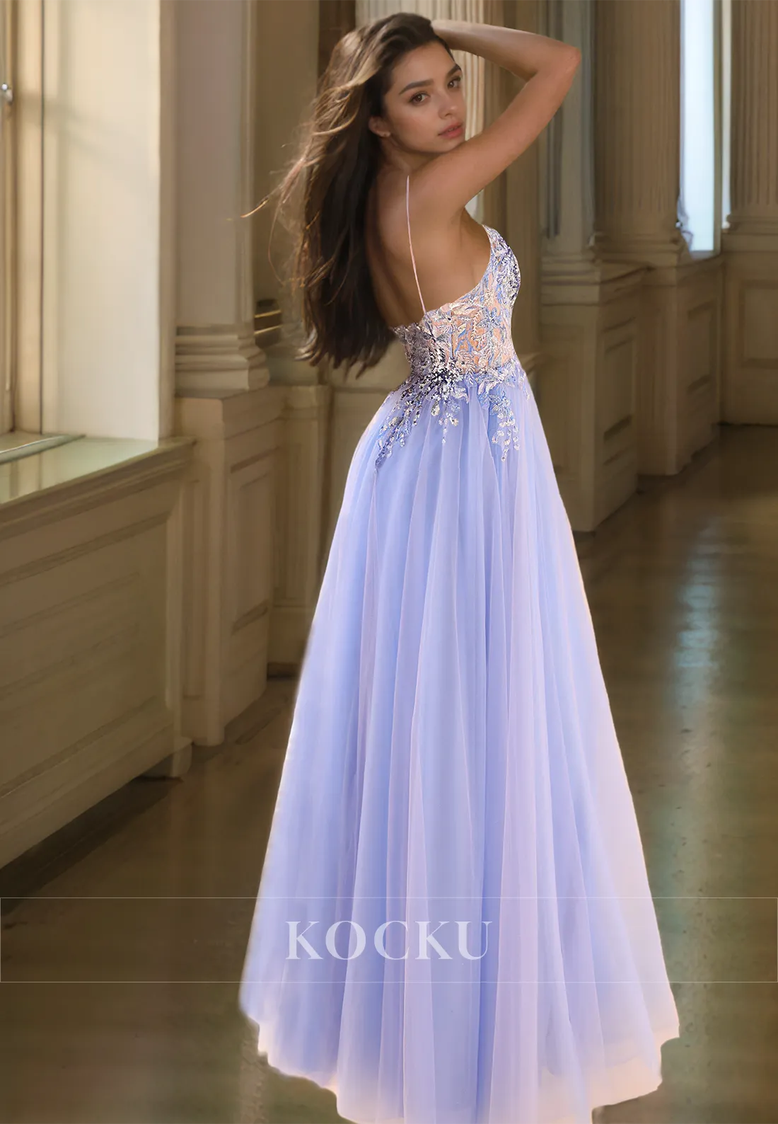 A-Line Spaghetti Straps Sweetheart Floor-Length Pleats Lace Prom Dress with Appliques Formal Gown