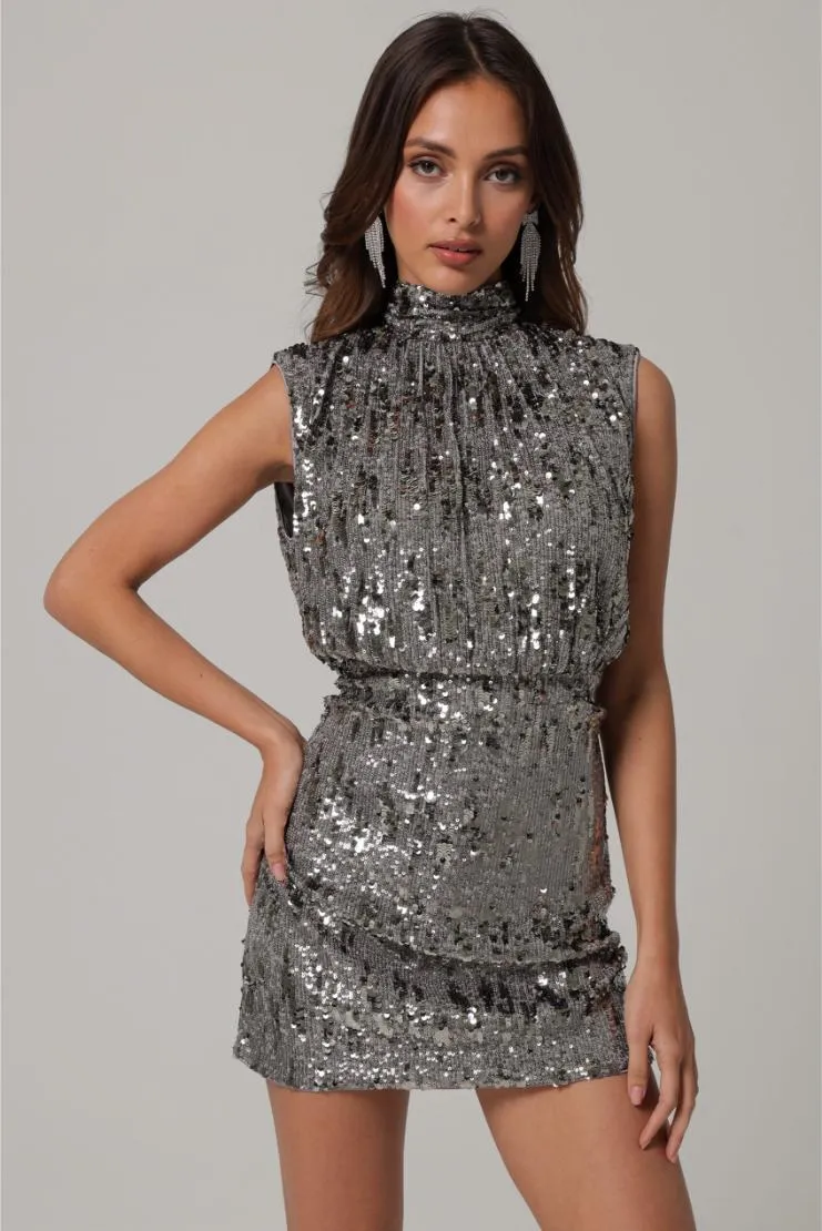 Adele Gunmetal Silver Metallic Sequin Mini Dress