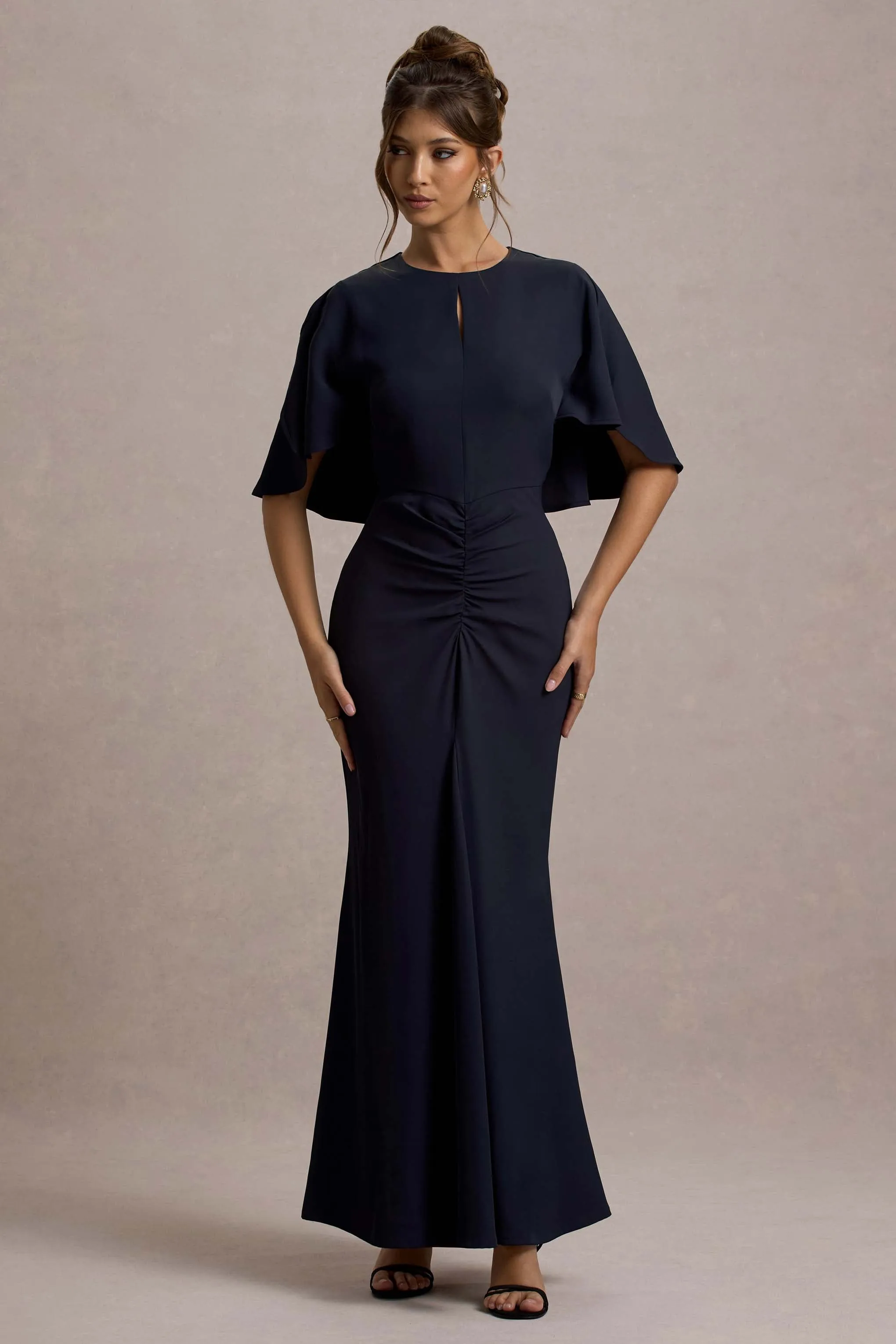 Allison | Navy High-Neck Maxi Dress With Cape