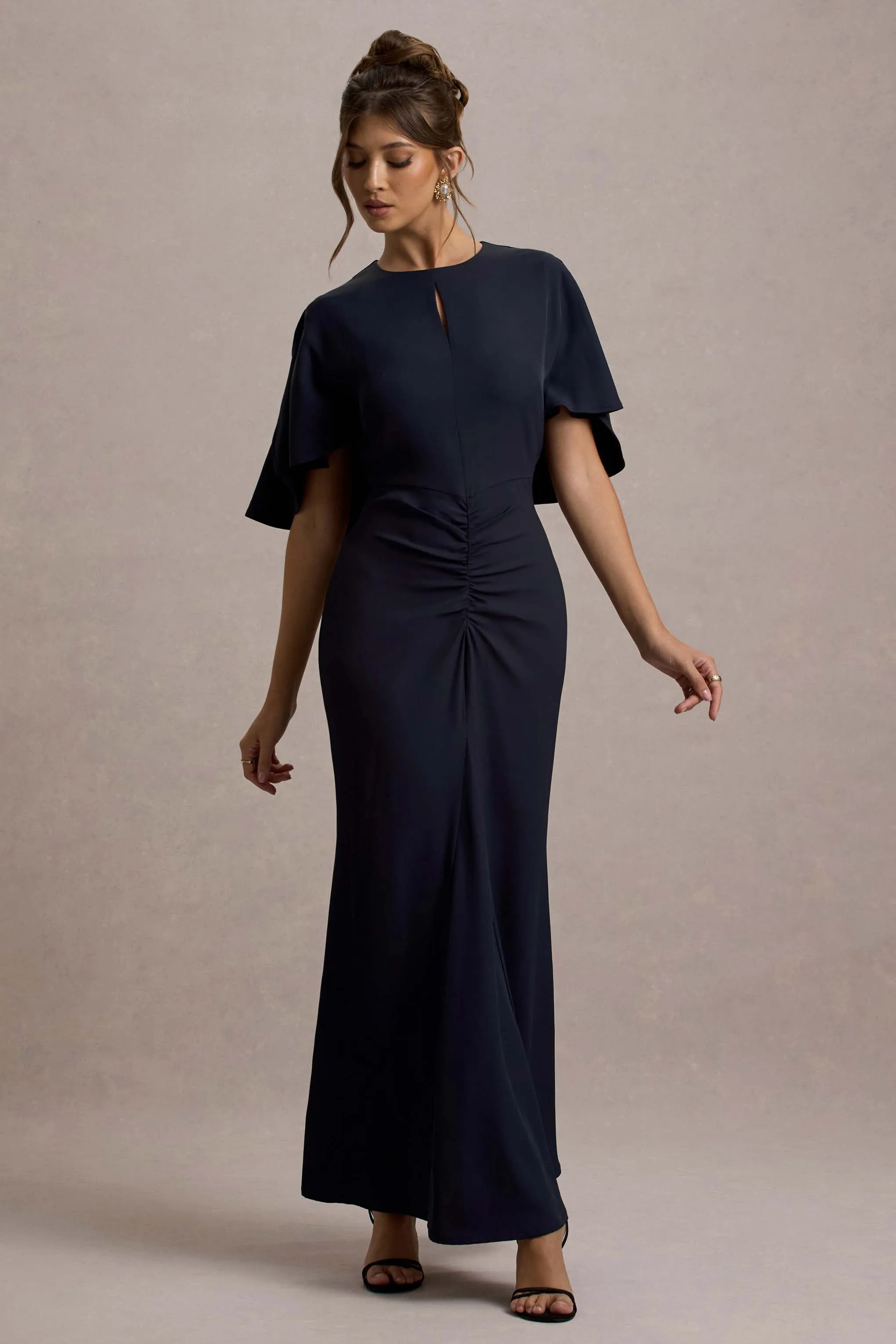 Allison | Navy High-Neck Maxi Dress With Cape