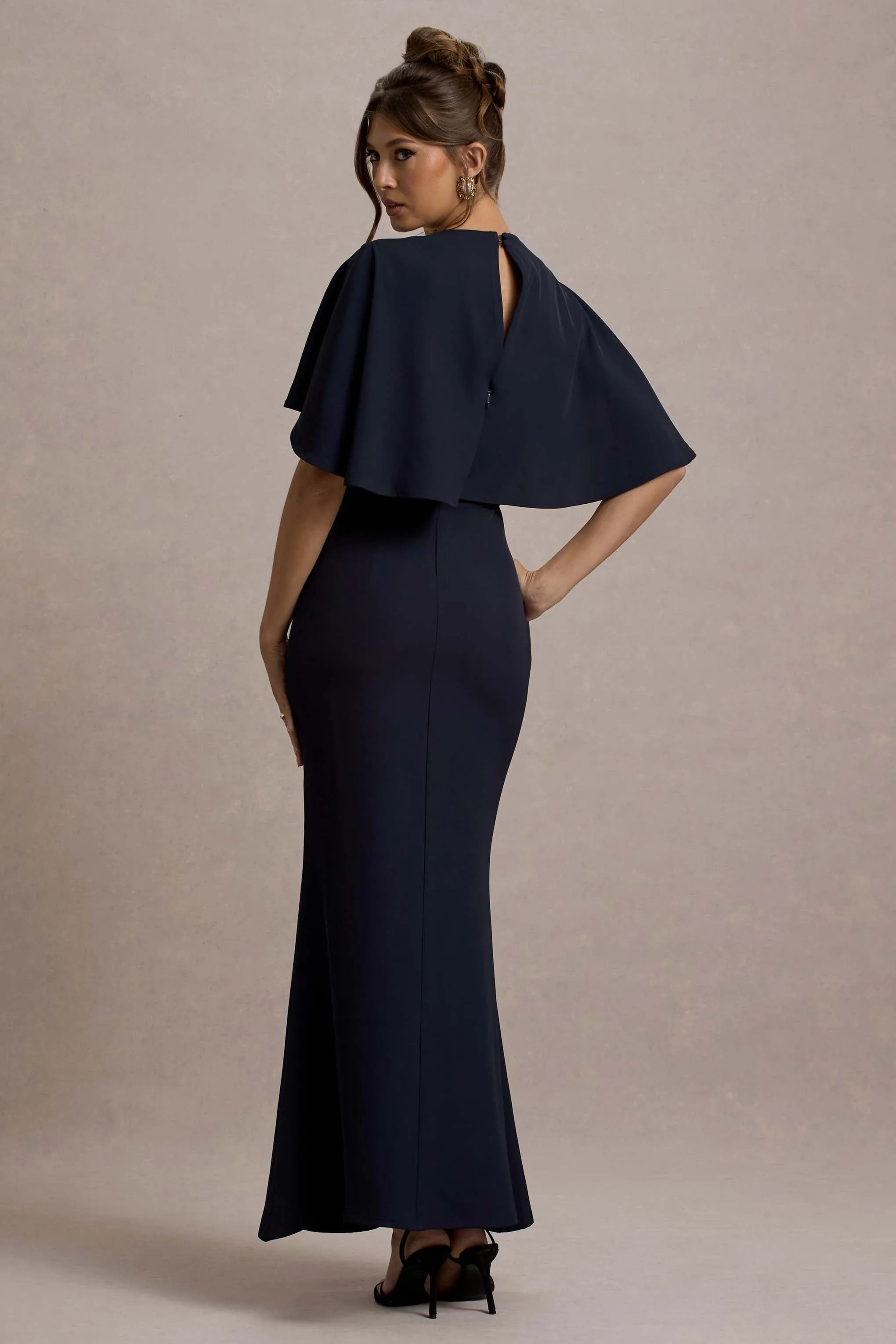 Allison | Navy High-Neck Maxi Dress With Cape