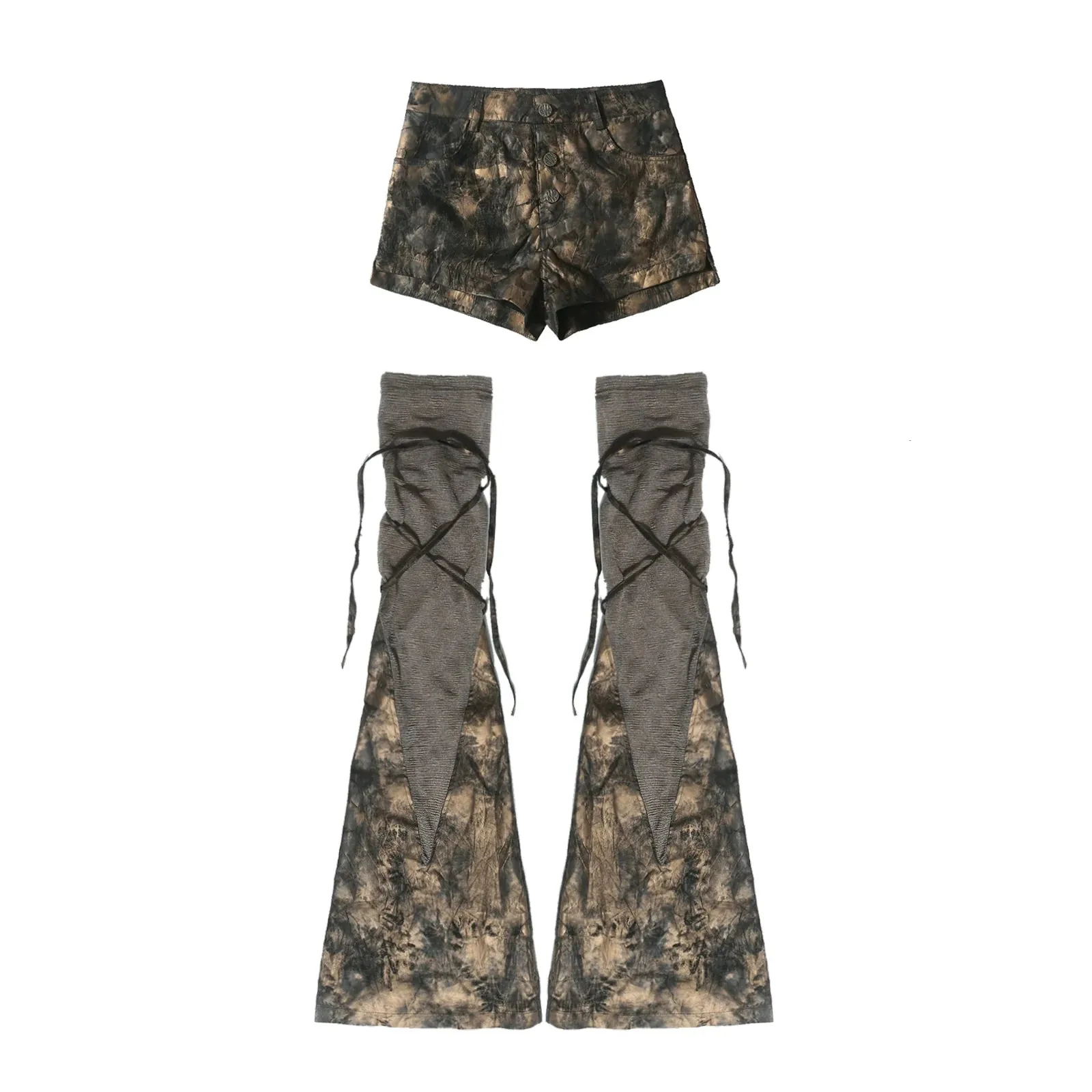 ARIADNAw Grunge Tie-Dye Shorts and Leg Warmers Set - Brown/Black (Women's)