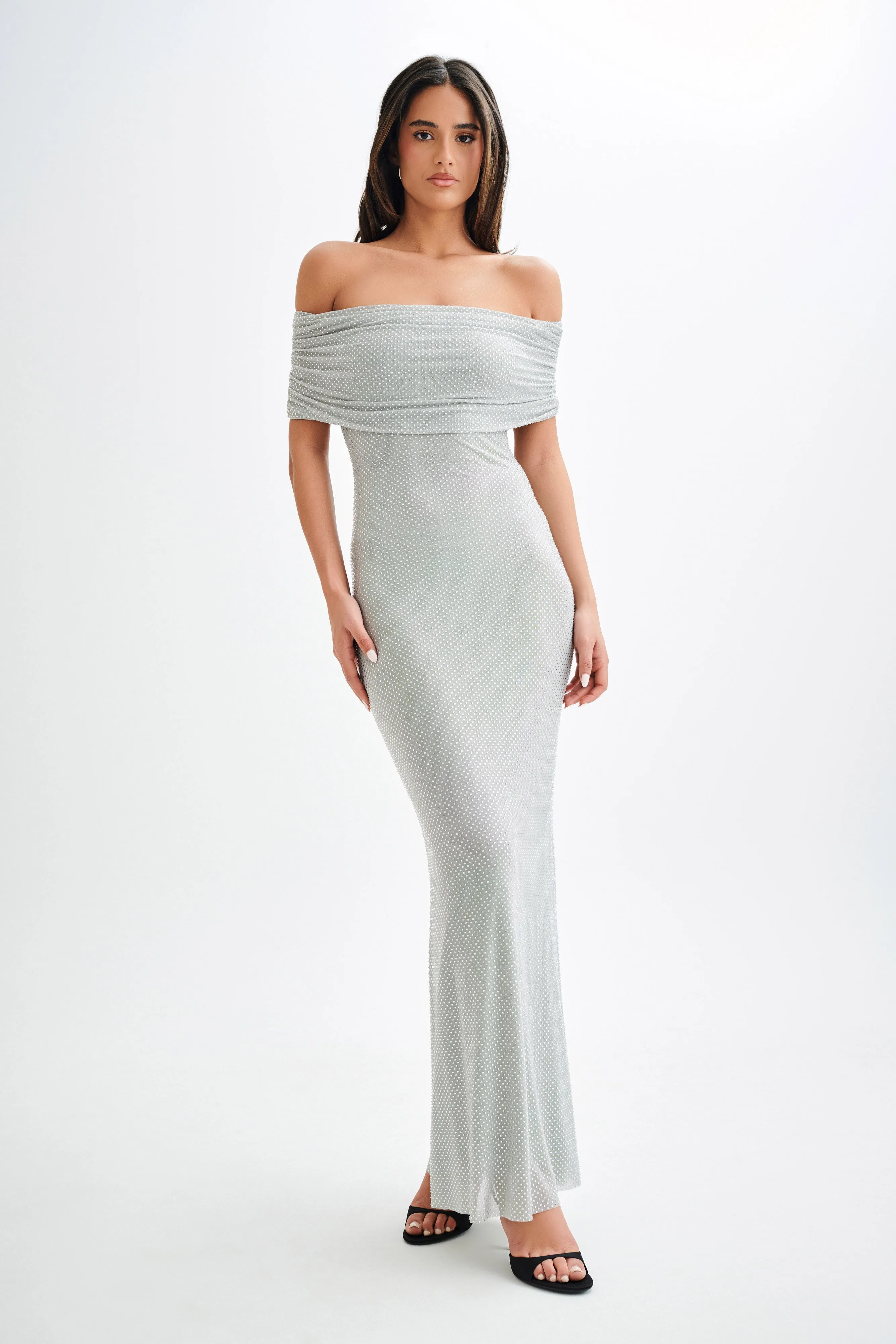 Arna Off Shoulder Diamante Maxi Dress - Silver