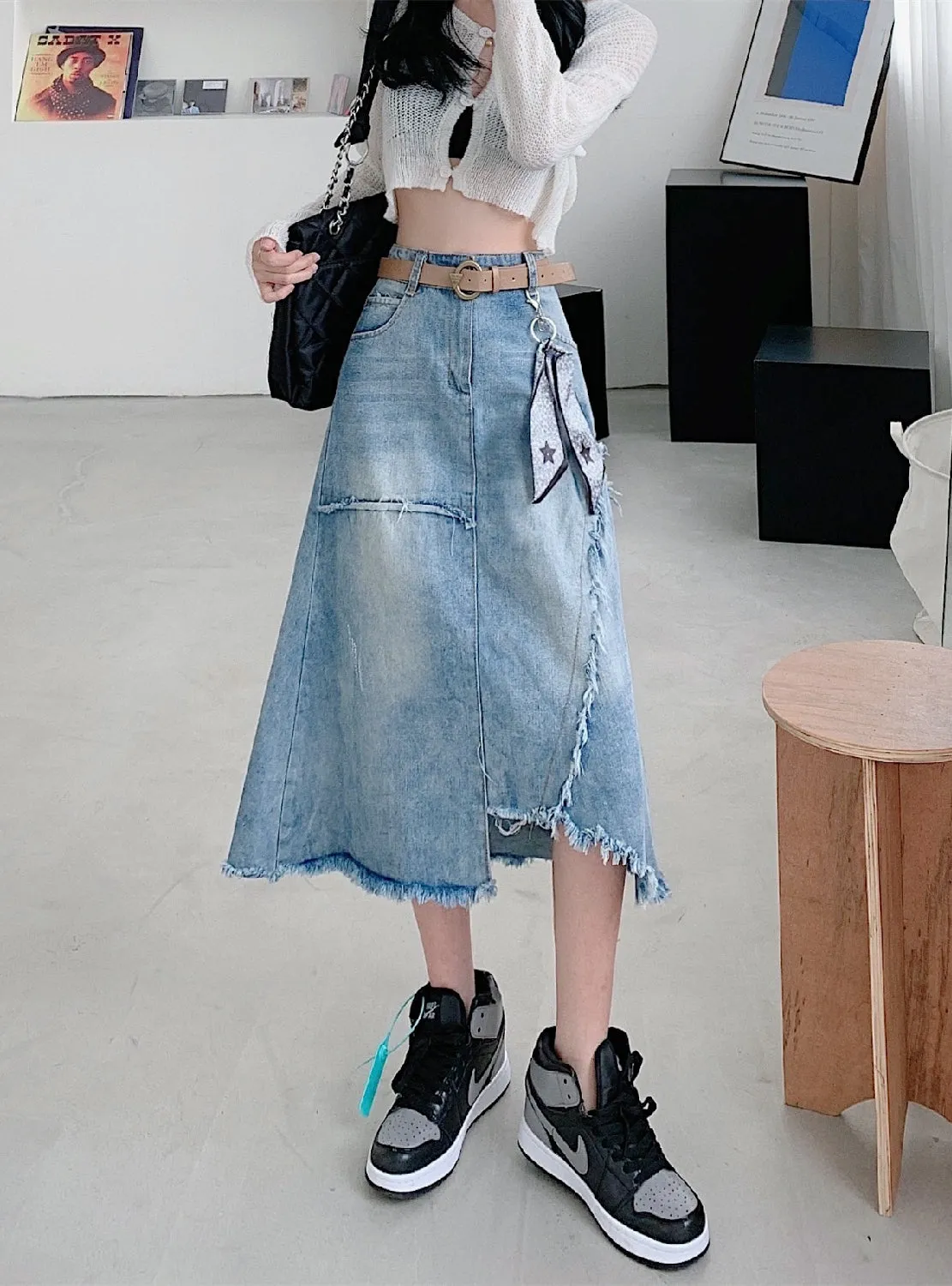 Asymmetric Long Denim Skirt