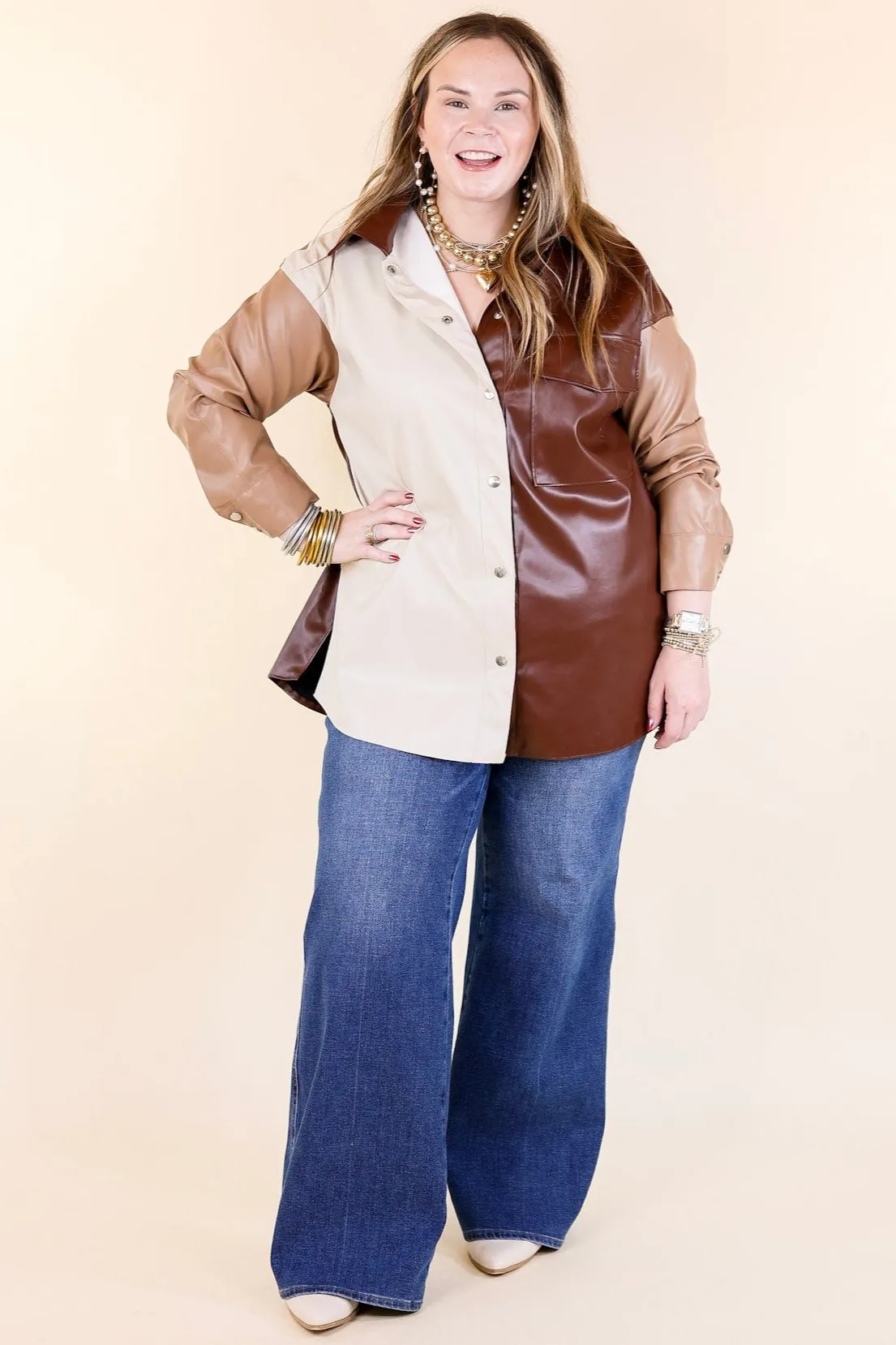 Autumn Event Faux Leather Color Block Shacket in Brown Mix