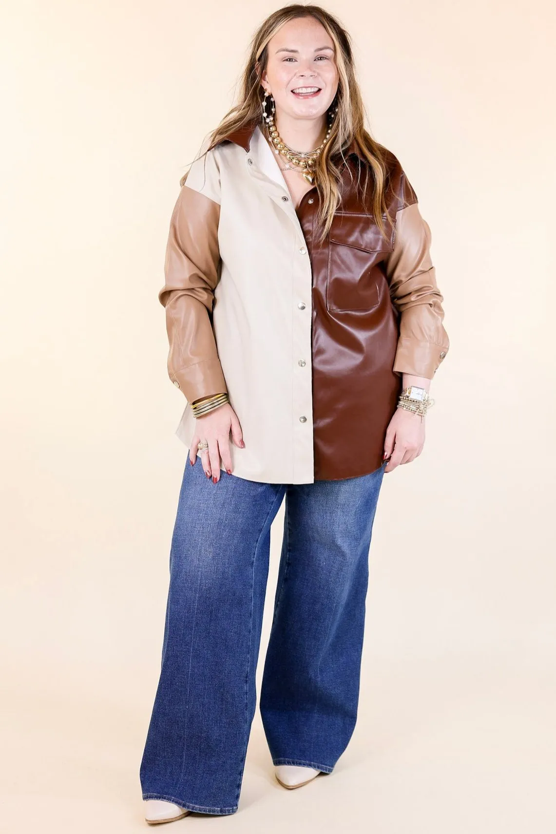 Autumn Event Faux Leather Color Block Shacket in Brown Mix