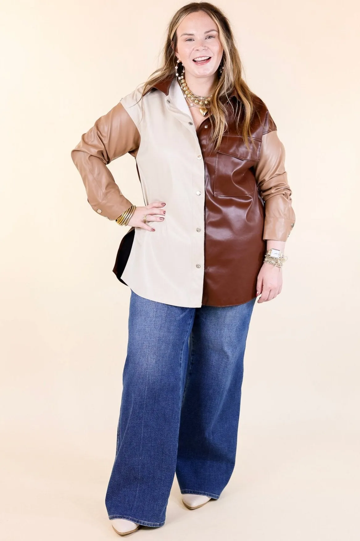 Autumn Event Faux Leather Color Block Shacket in Brown Mix