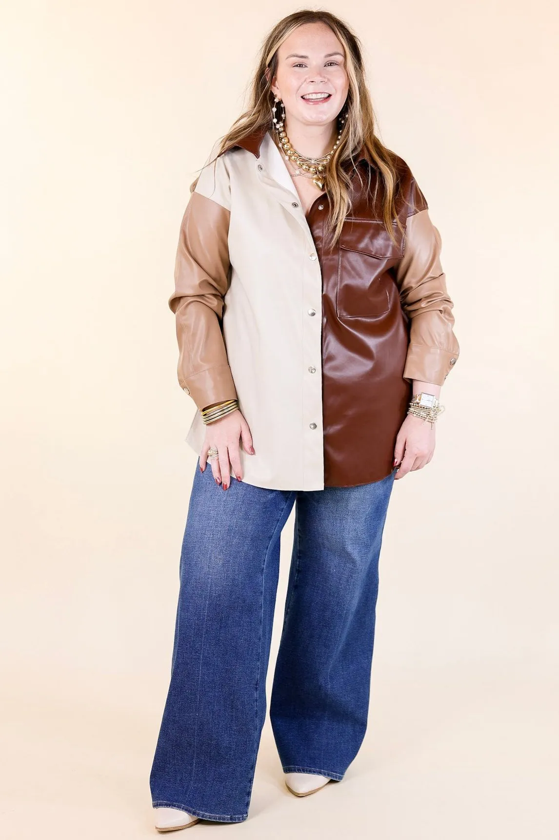 Autumn Event Faux Leather Color Block Shacket in Brown Mix