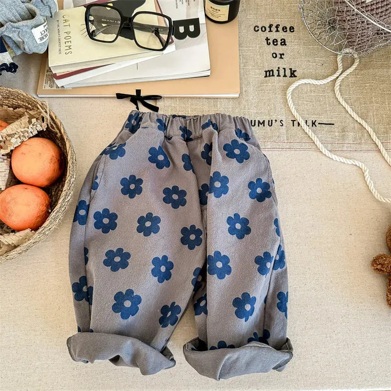 Autumn New Children Loose Trousers Vintage Flower Print Girls Harem Pants Baby Boys Casual Pants Cotton Baby Trousers Clothes