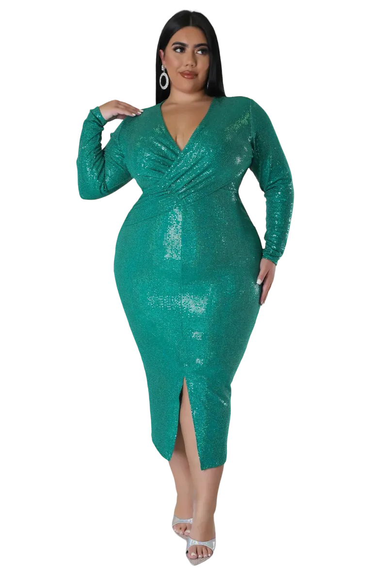 Available Online Only - Final Sale Plus Size Faux Sequin Faux Wrap Bodycon  Dress with Front Slit in Green