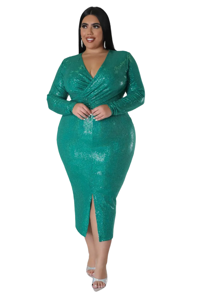 Available Online Only - Final Sale Plus Size Faux Sequin Faux Wrap Bodycon  Dress with Front Slit in Green