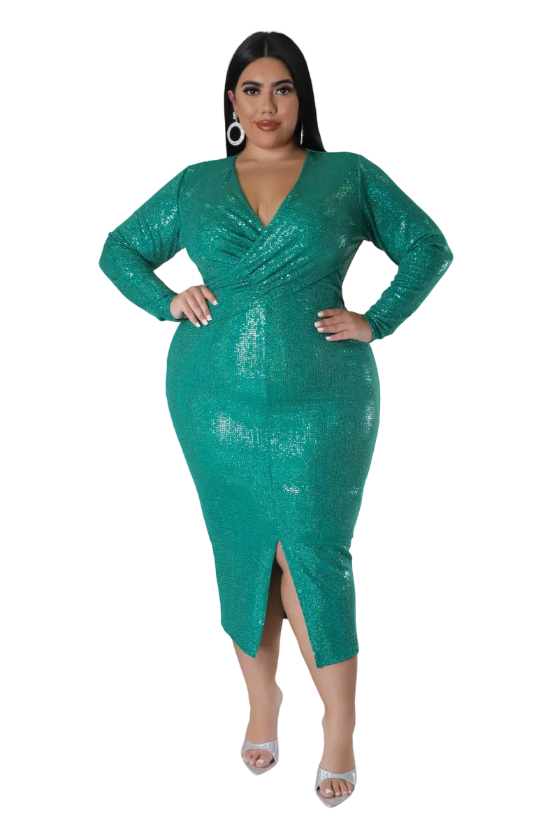 Available Online Only - Final Sale Plus Size Faux Sequin Faux Wrap Bodycon  Dress with Front Slit in Green