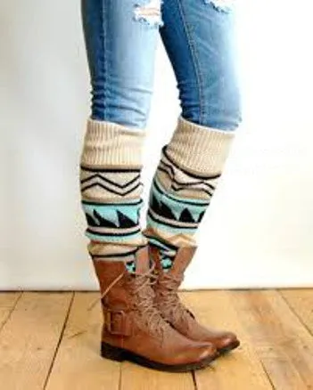 Aztec Leg Warmers Boho Turquoise Tan Camel Black Tribal Southwestern Print Legwarmers One Size