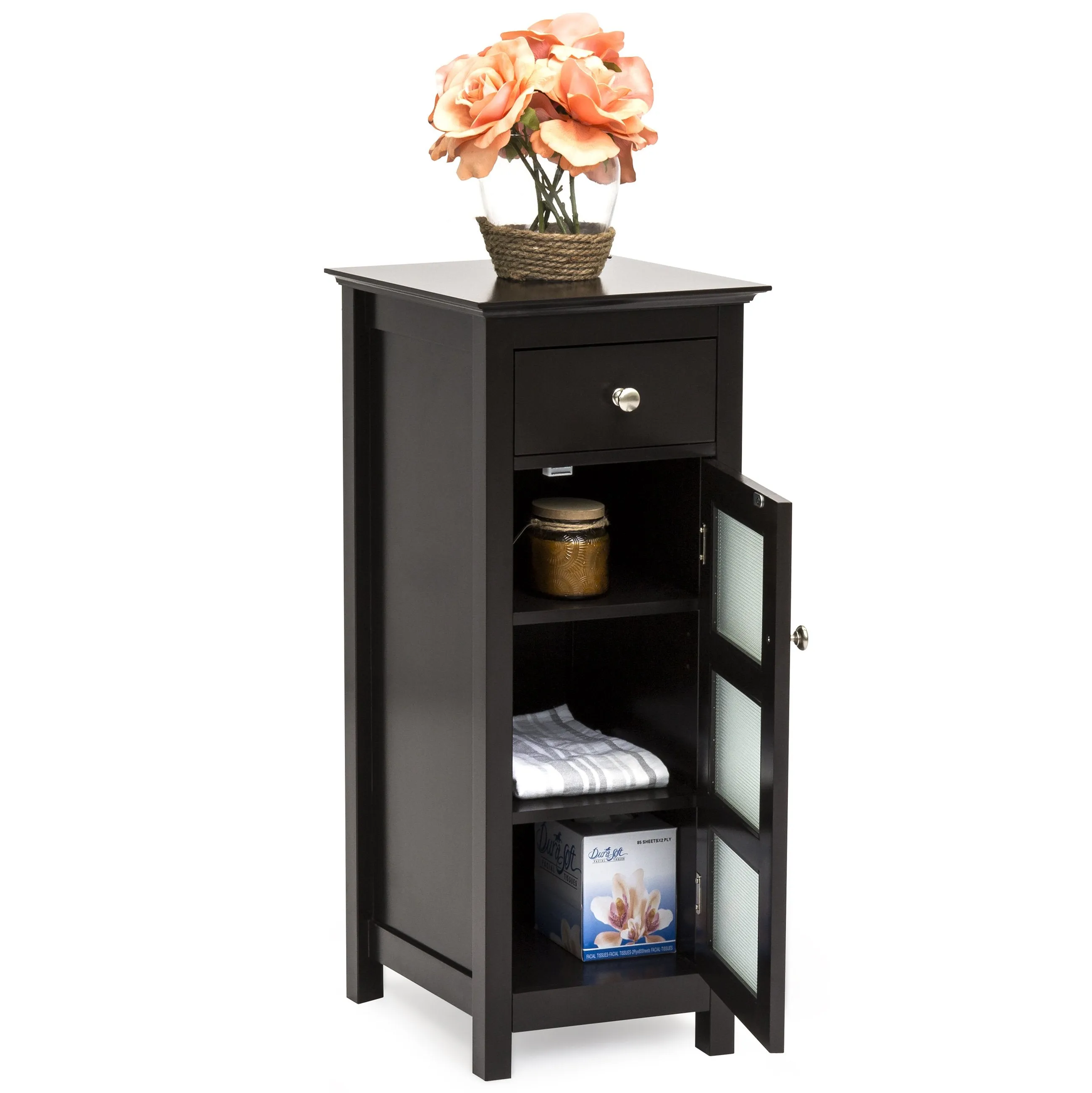 Bathroom Storage Floor Cabinet w/ 3 Shelves, Tempered Glass Double Doors