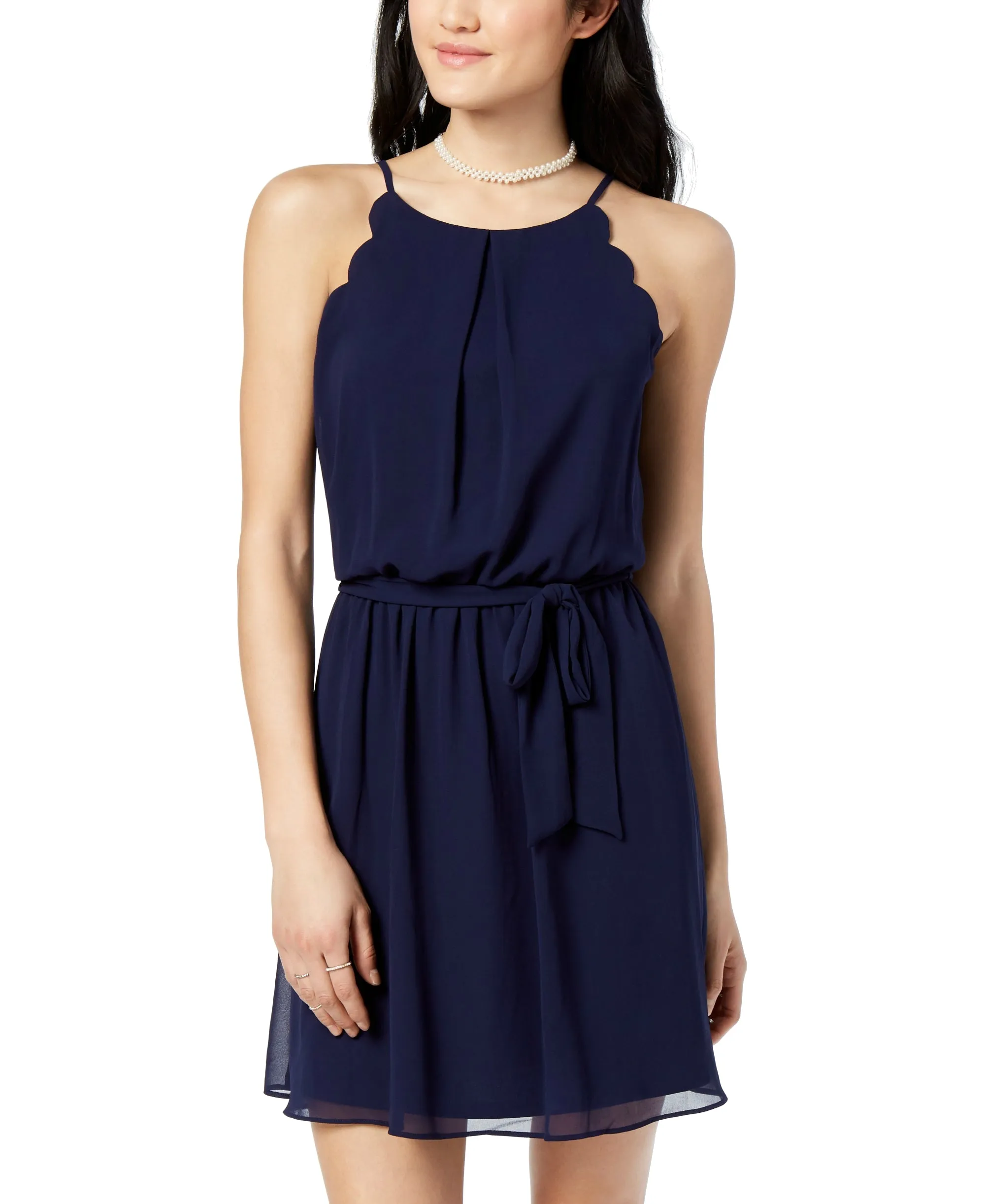 BCX Juniors' Scalloped Sleeveless Dress with Sash Belt, Dark Navy, L