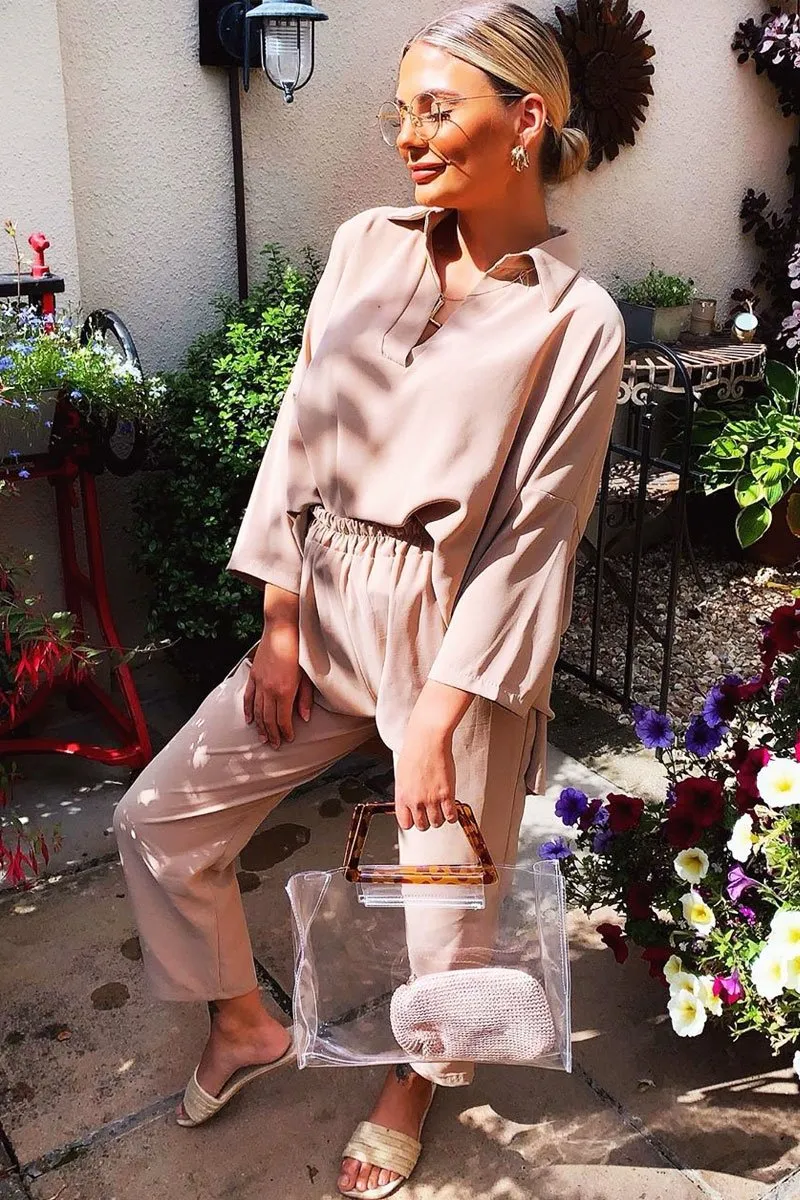 Beige Crepe Oversized Shirt and Cropped Trousers Co-ord - Ellee