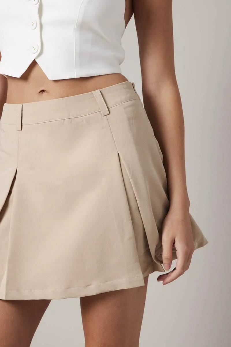 Beige Mini Skirt Pleated