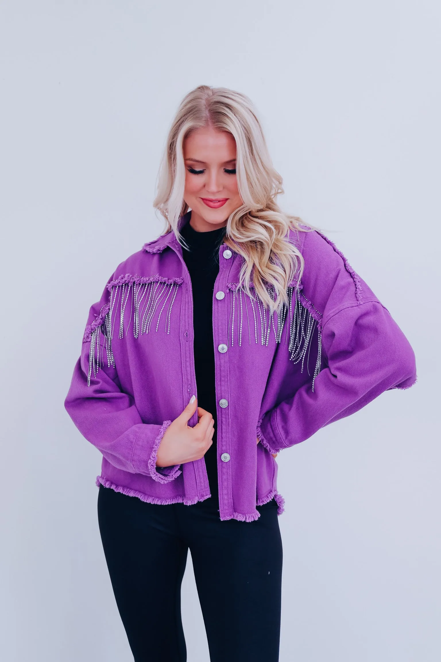 Bentini Bling Fringe Shacket - Amethyst