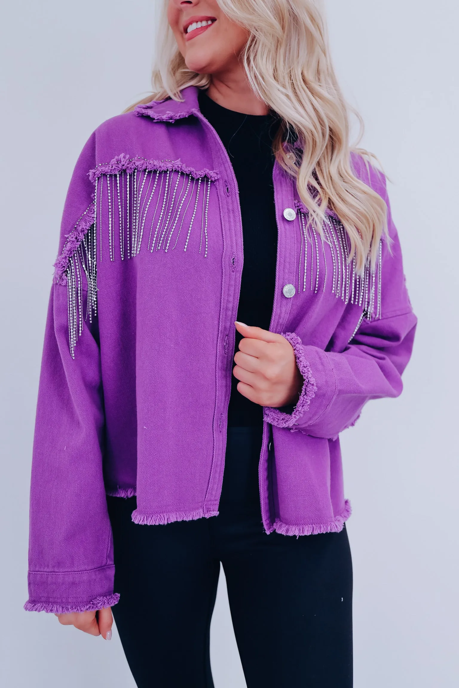 Bentini Bling Fringe Shacket - Amethyst