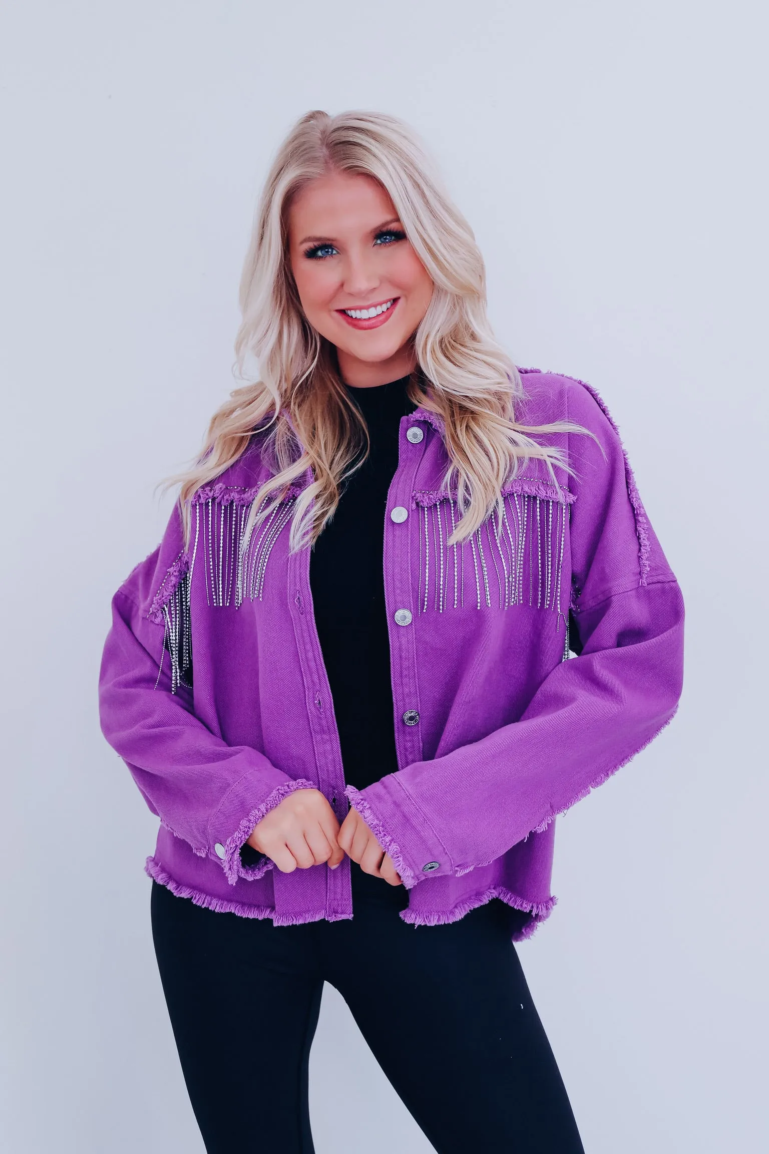 Bentini Bling Fringe Shacket - Amethyst