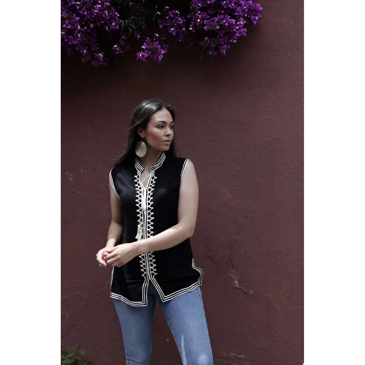 Black & White Zigzag Embroidery Tunic Shirt- for resort wear, boho wear, beach wear, lounge wear